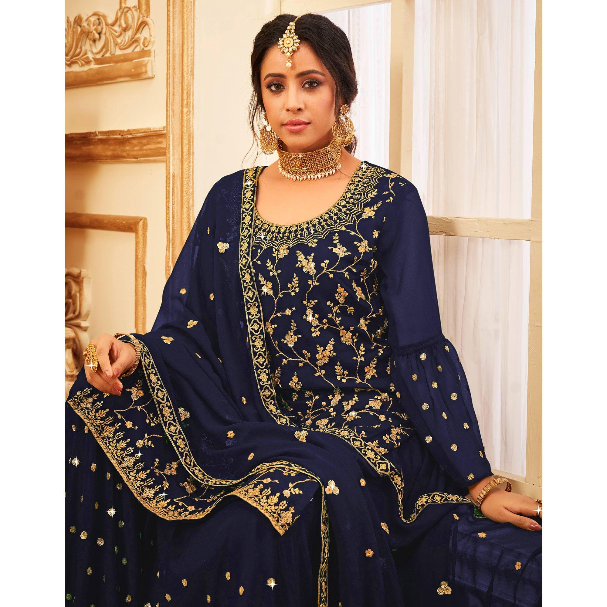 Navy Blue Embroidered With Embellished Georgette Sharara Suit - Peachmode