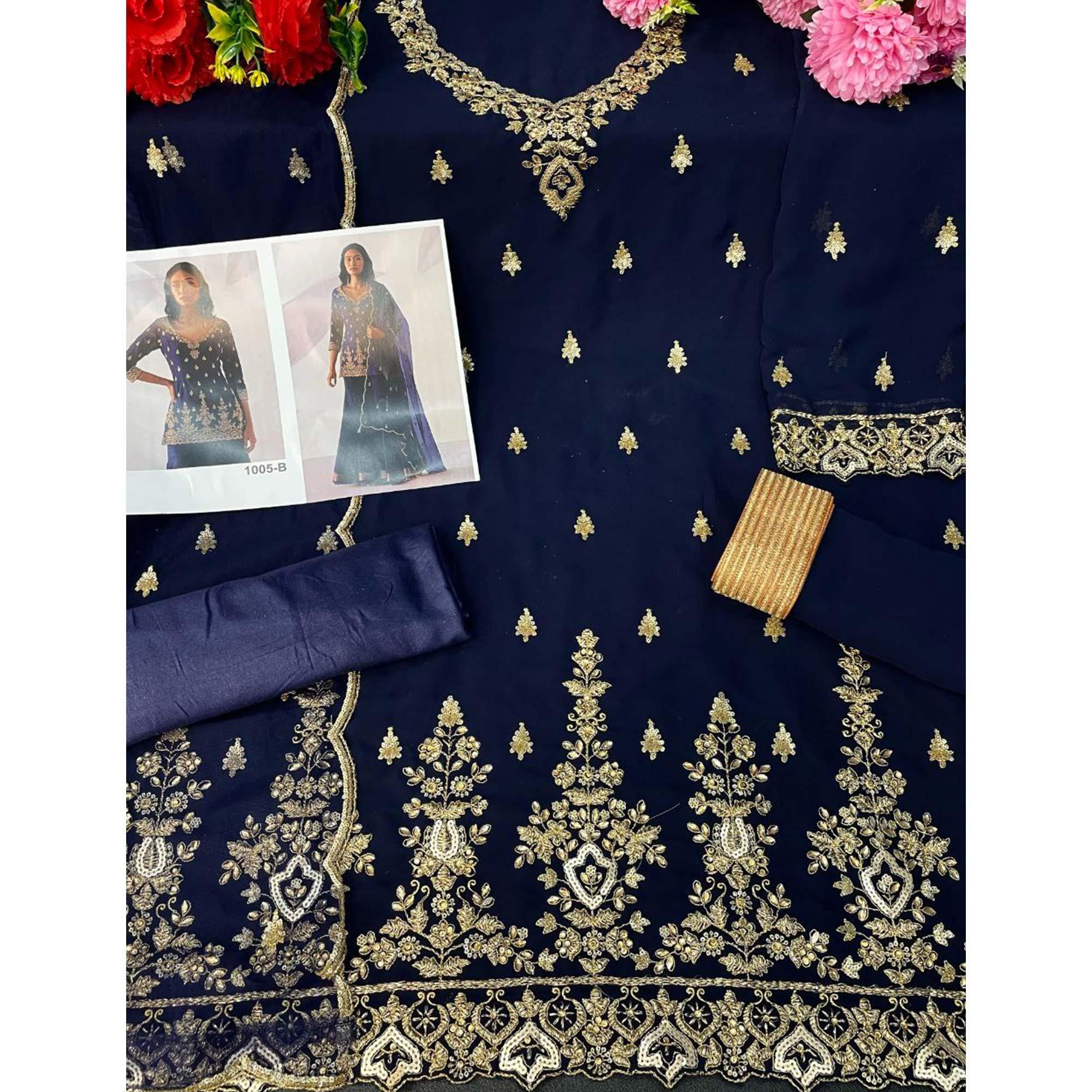 Navy Blue Embroidered With Embellished Georgette Sharara Suit - Peachmode