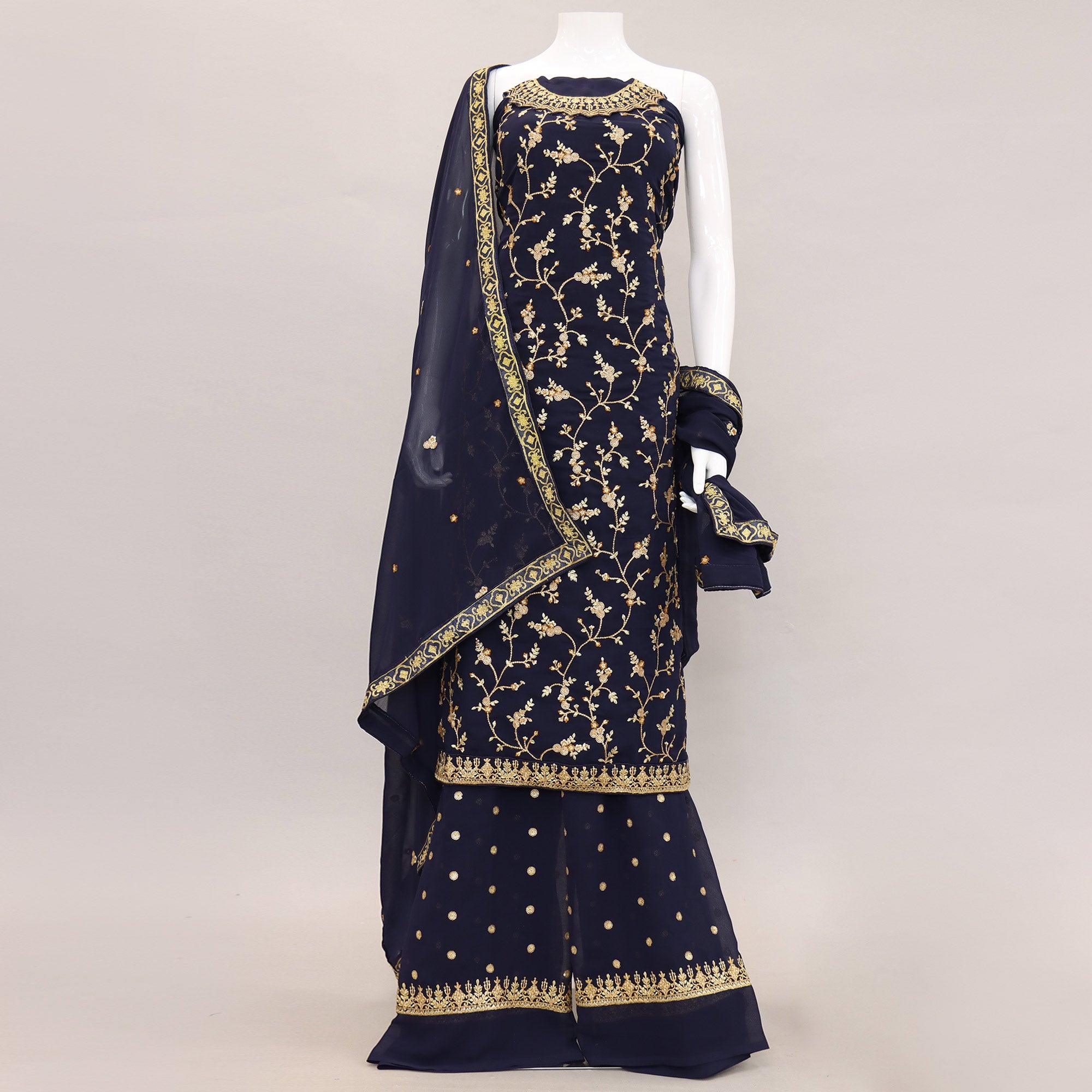 Navy Blue Embroidered With Embellished Georgette Sharara Suit - Peachmode