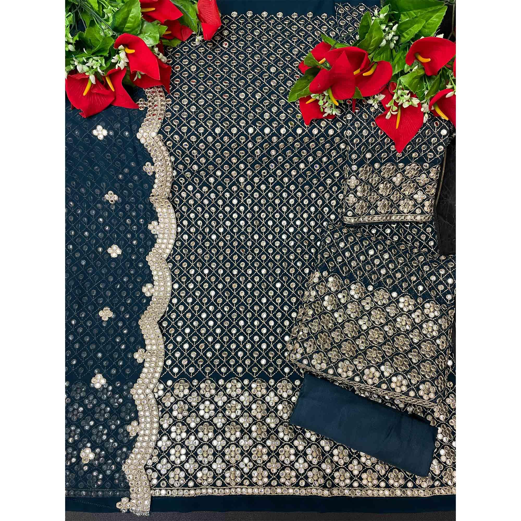 Navy Blue Embroidered With Embellished Georgette Sharara Suit - Peachmode