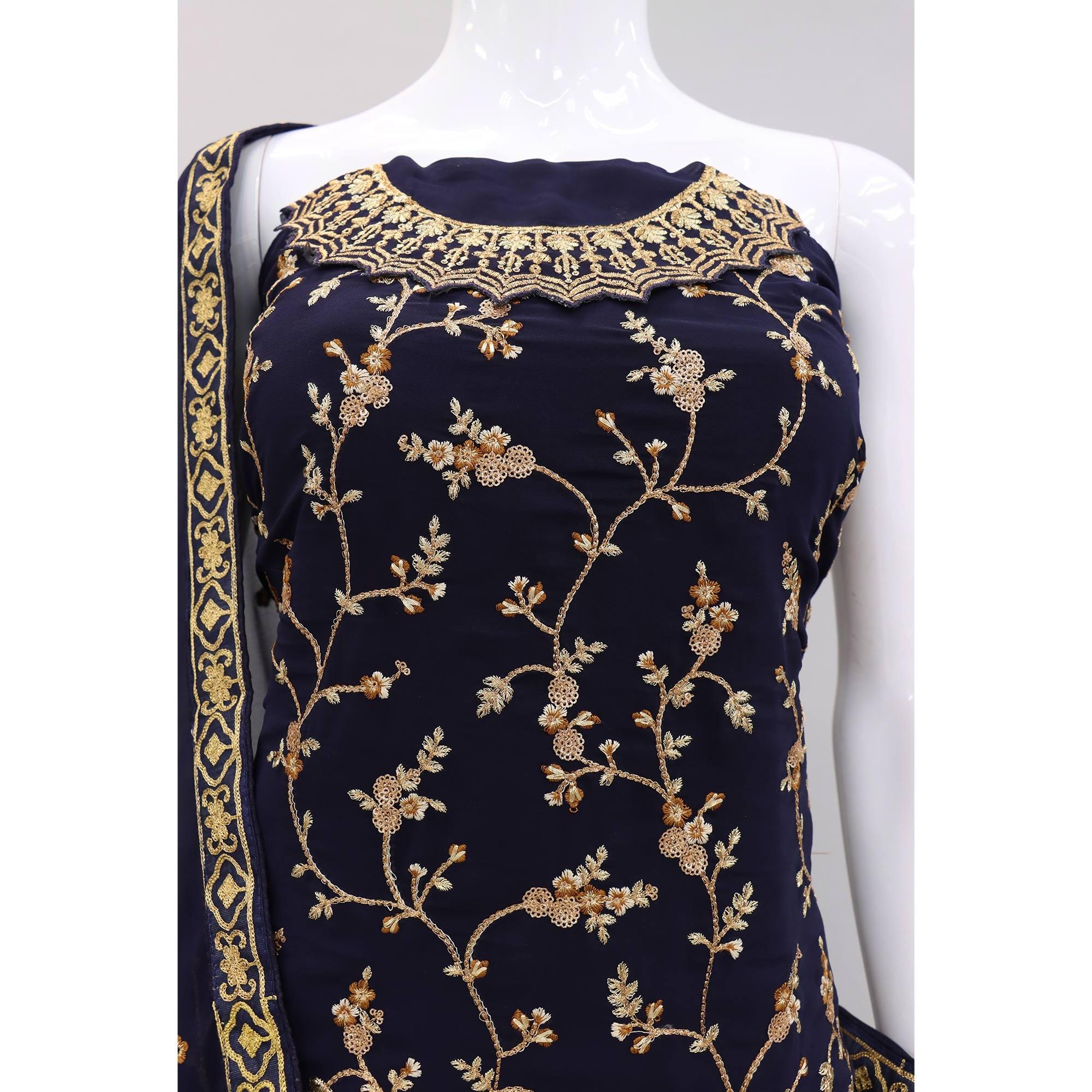 Navy Blue Embroidered With Embellished Georgette Sharara Suit - Peachmode