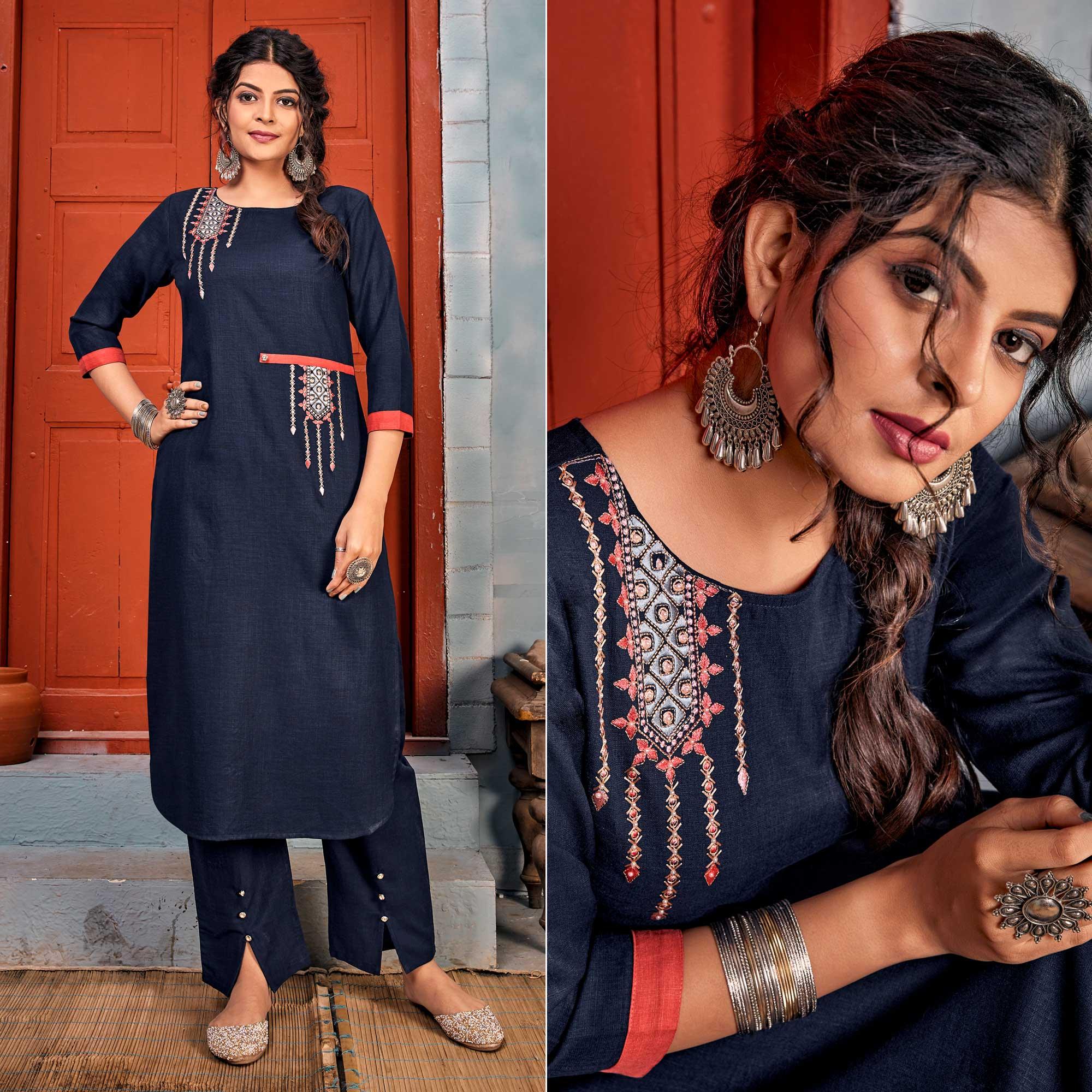 Navy Blue Embroidered With Embellished Rayon Kurti Pant Set - Peachmode