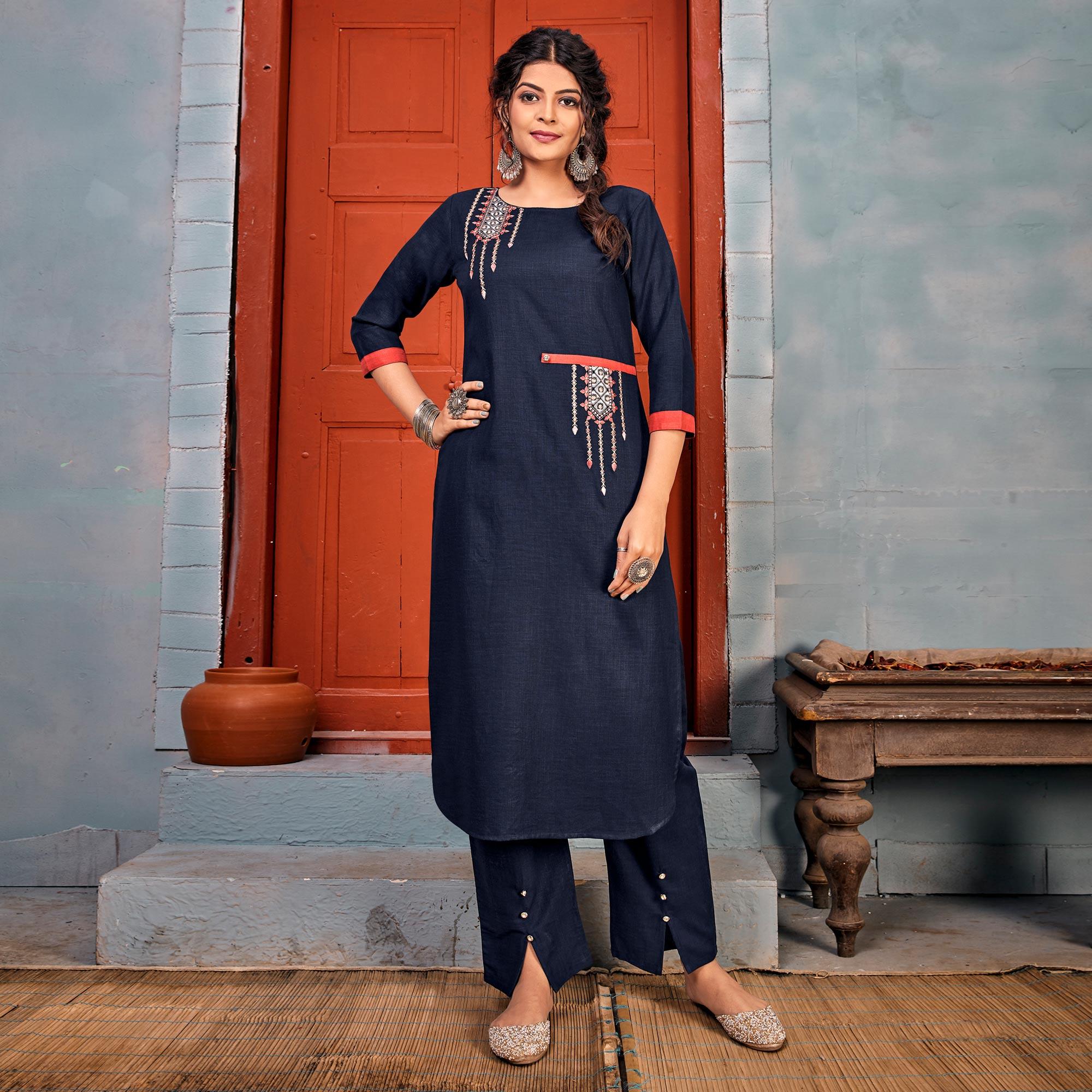 Navy Blue Embroidered With Embellished Rayon Kurti Pant Set - Peachmode