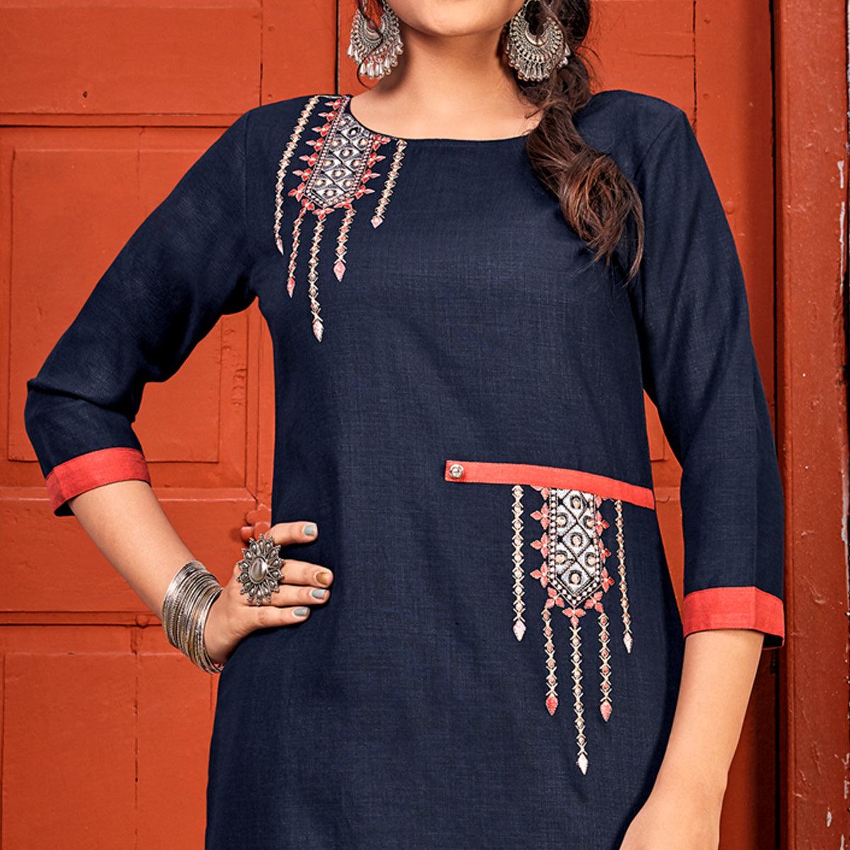 Navy Blue Embroidered With Embellished Rayon Kurti Pant Set - Peachmode