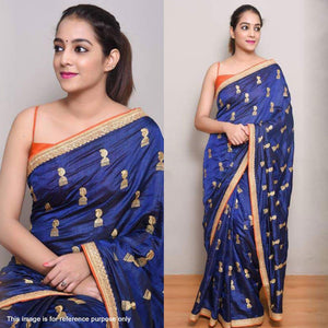 Navy Blue Embroidered Zoya Silk Saree - Peachmode