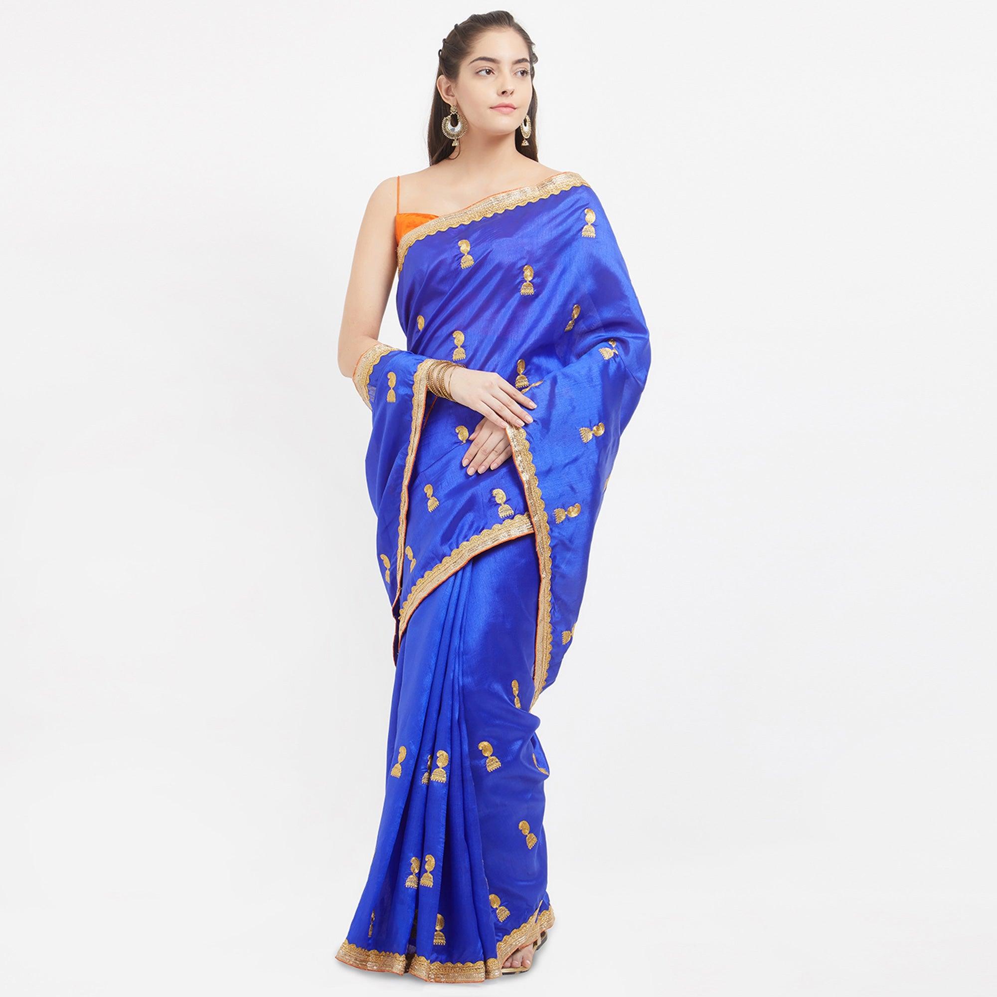 Navy Blue Embroidered Zoya Silk Saree - Peachmode