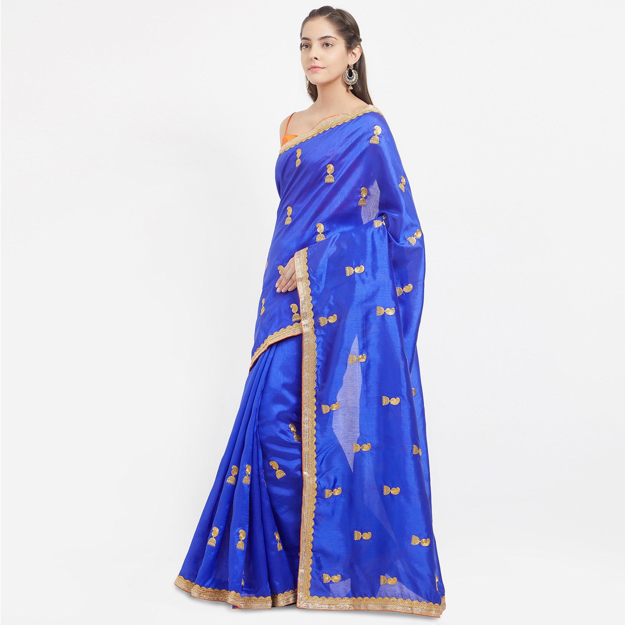 Navy Blue Embroidered Zoya Silk Saree - Peachmode