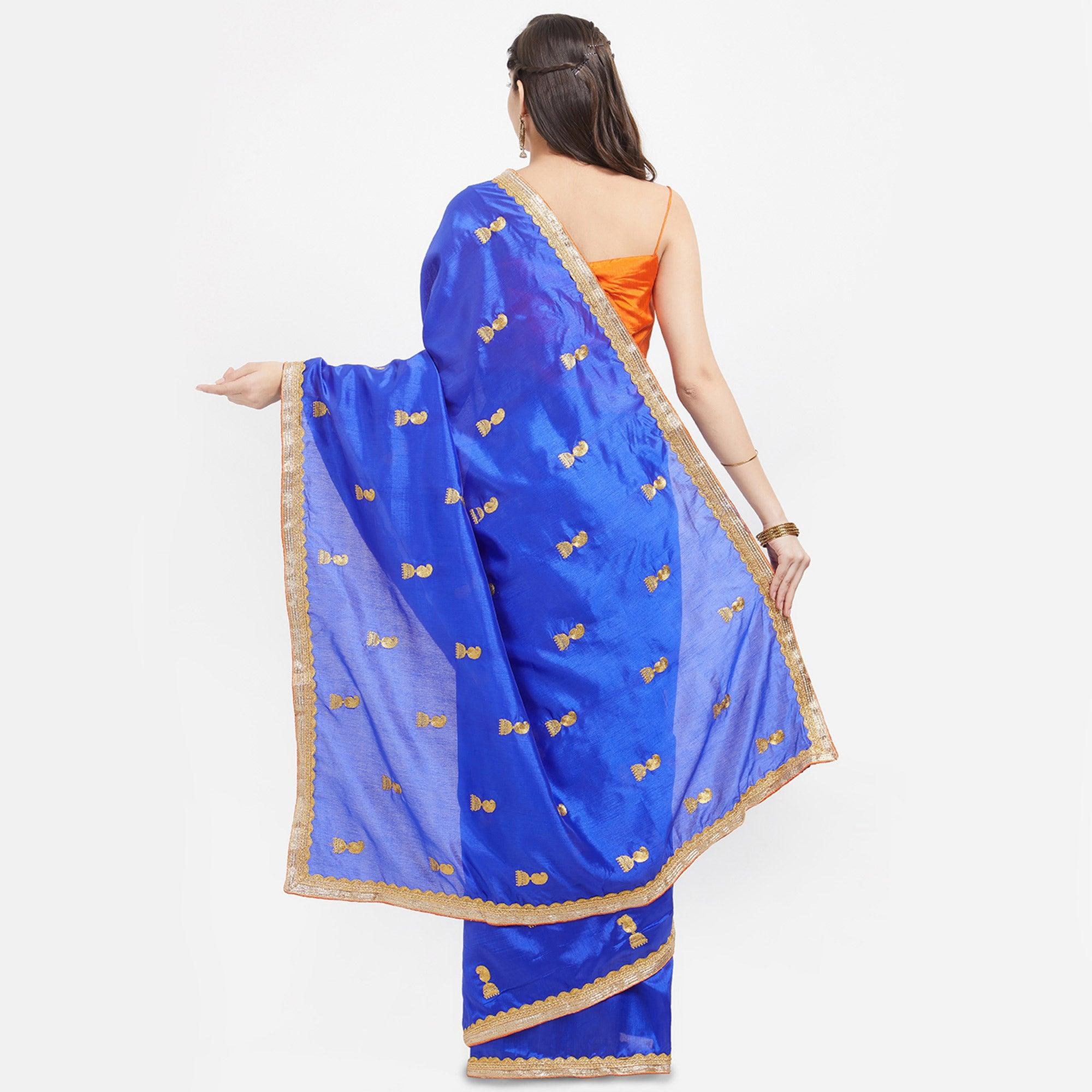 Navy Blue Embroidered Zoya Silk Saree - Peachmode