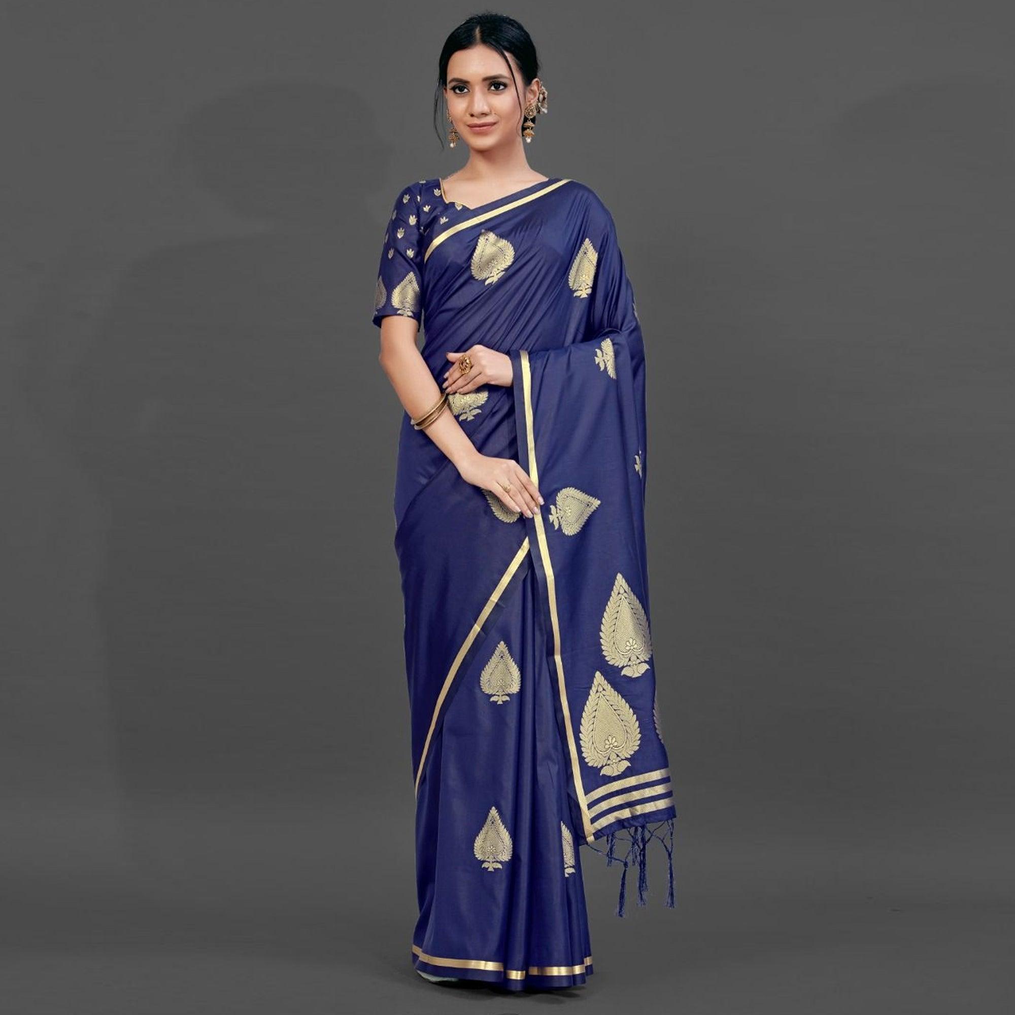 Navy Blue Festive Silk Blend Woven Saree With Unstitched Blouse - Peachmode