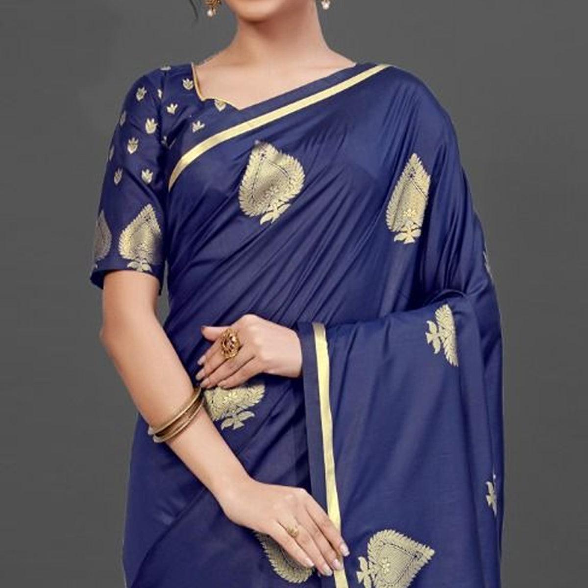 Navy Blue Festive Silk Blend Woven Saree With Unstitched Blouse - Peachmode