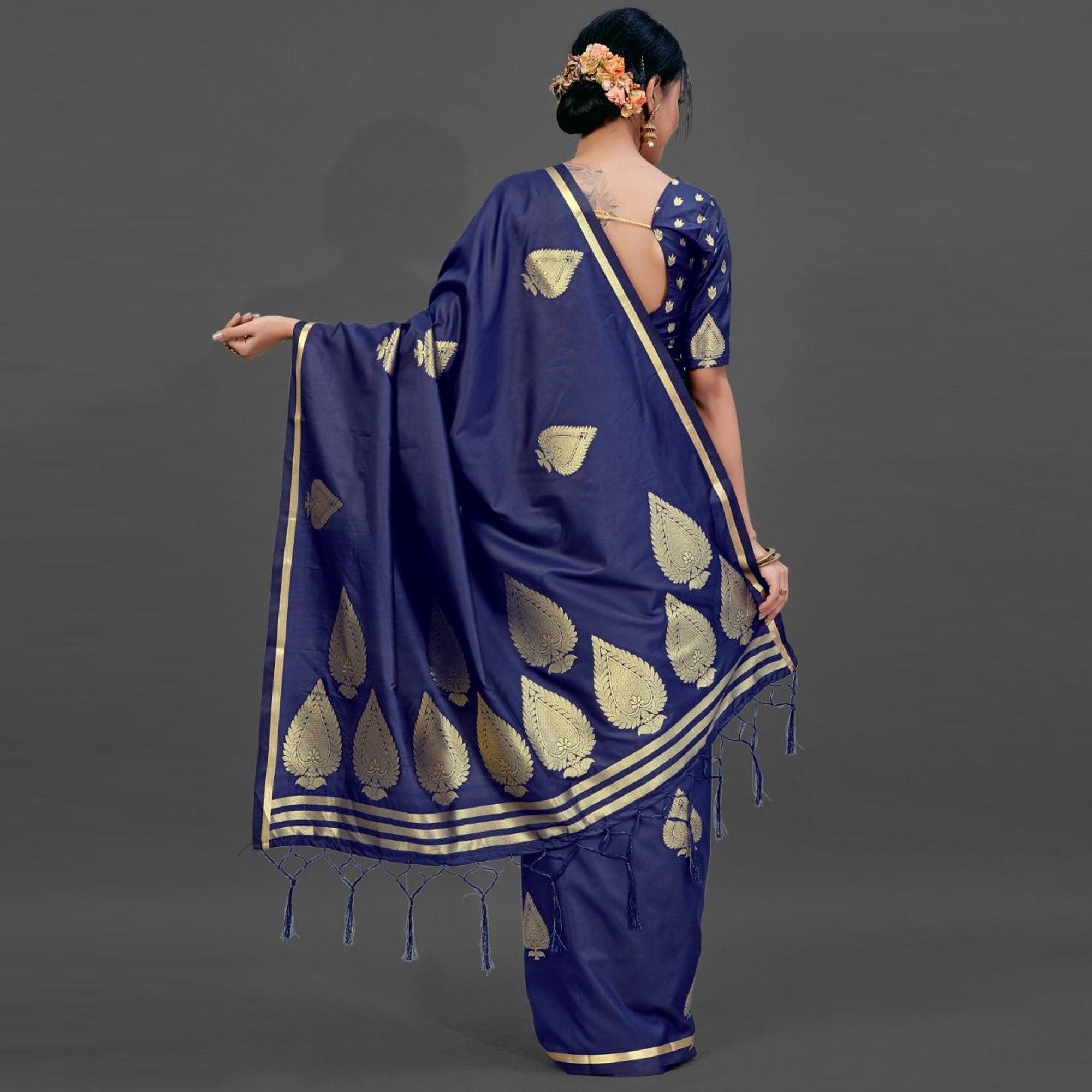 Navy Blue Festive Silk Blend Woven Saree With Unstitched Blouse - Peachmode