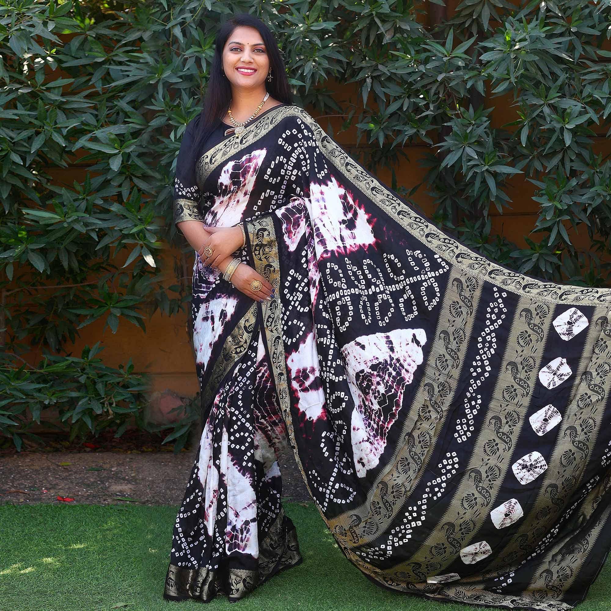 Navy Blue Festive Wear Bandhani Printed Art Silk Saree - Peachmode