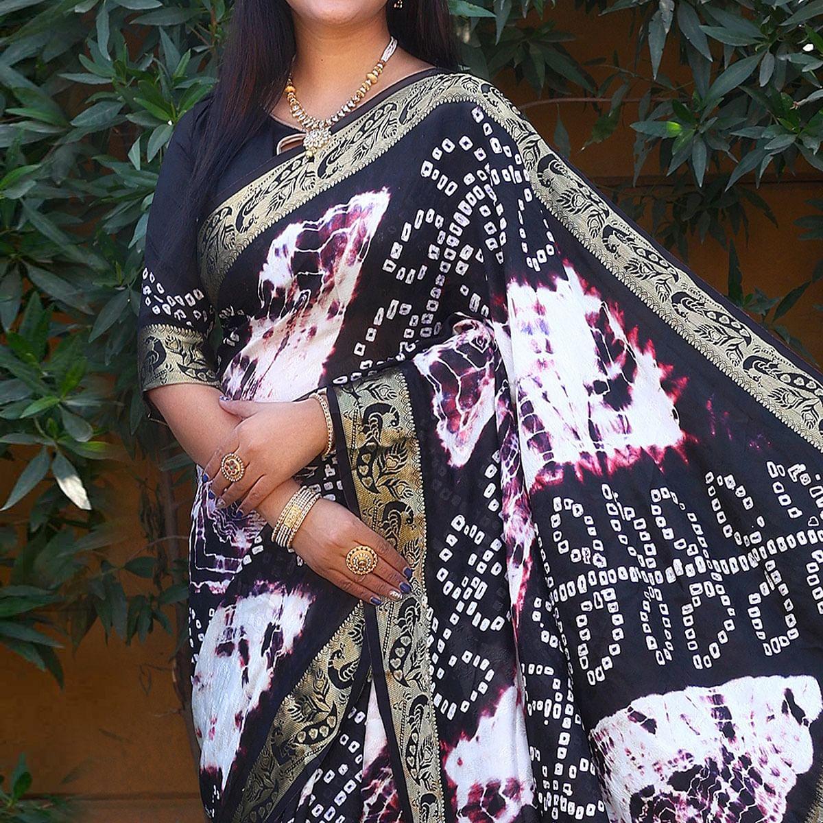 Navy Blue Festive Wear Bandhani Printed Art Silk Saree - Peachmode