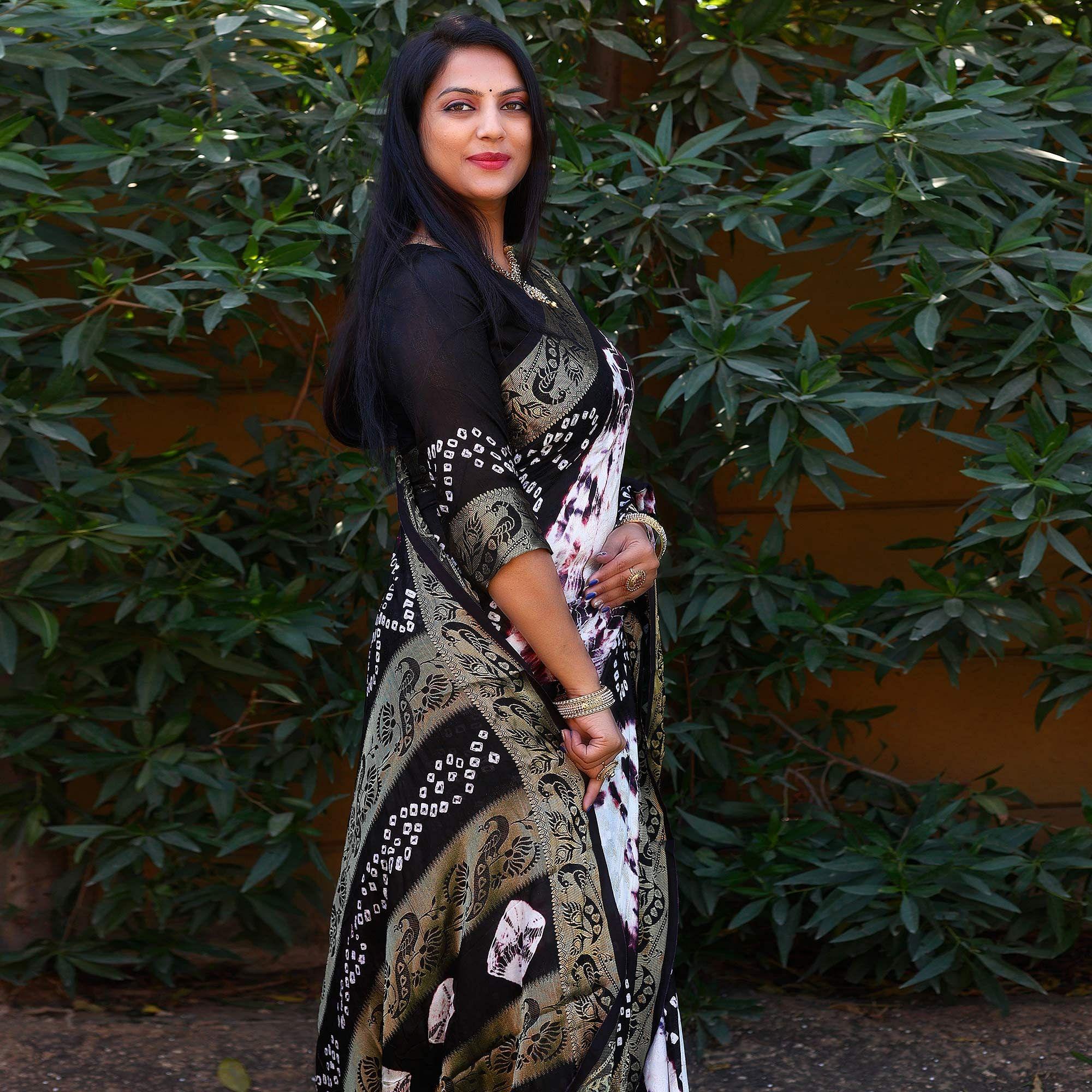 Navy Blue Festive Wear Bandhani Printed Art Silk Saree - Peachmode