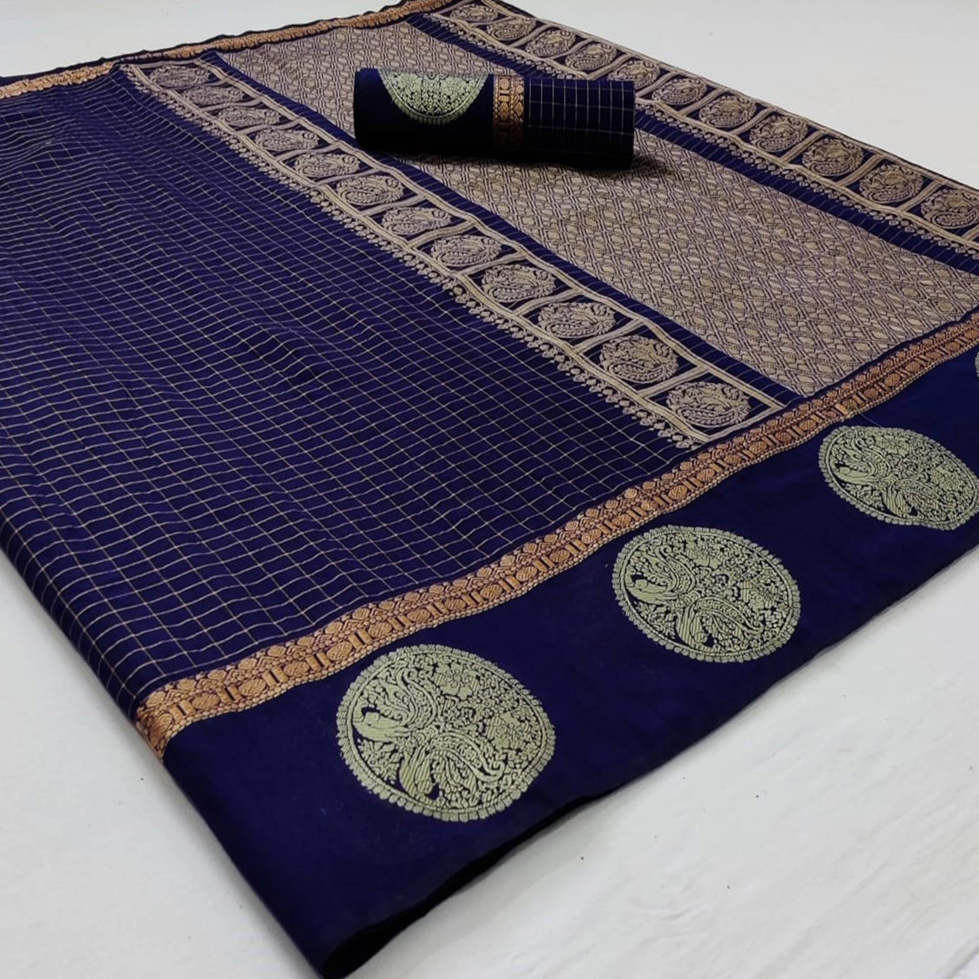 Navy Blue Festive Wear Checks Pattern Woven Silk Saree - Peachmode