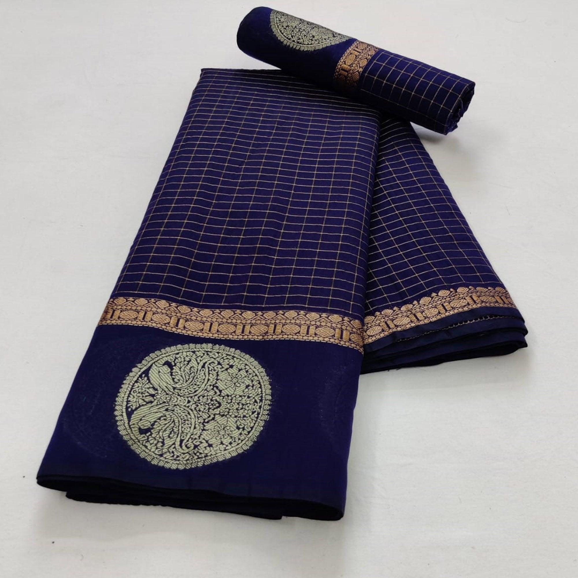 Navy Blue Festive Wear Checks Pattern Woven Silk Saree - Peachmode