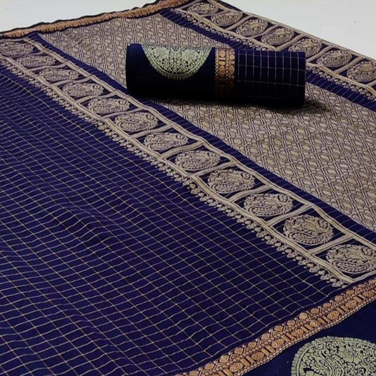 Navy Blue Festive Wear Checks Pattern Woven Silk Saree - Peachmode