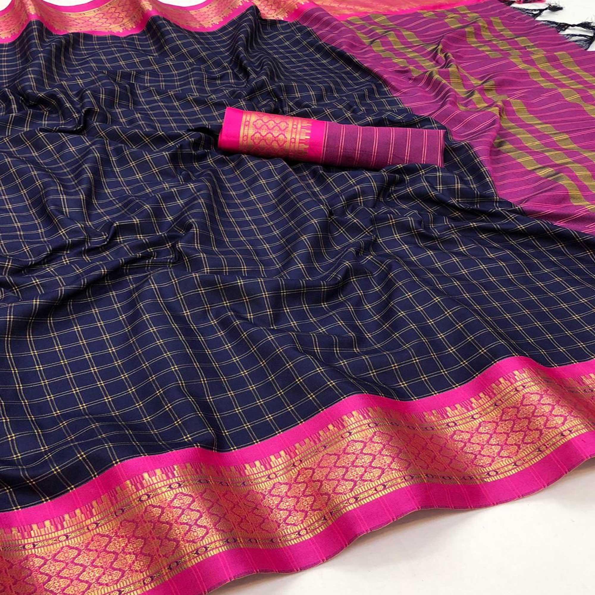 Navy Blue Festive Wear Checks With Woven Border Cotton Silk Saree - Peachmode