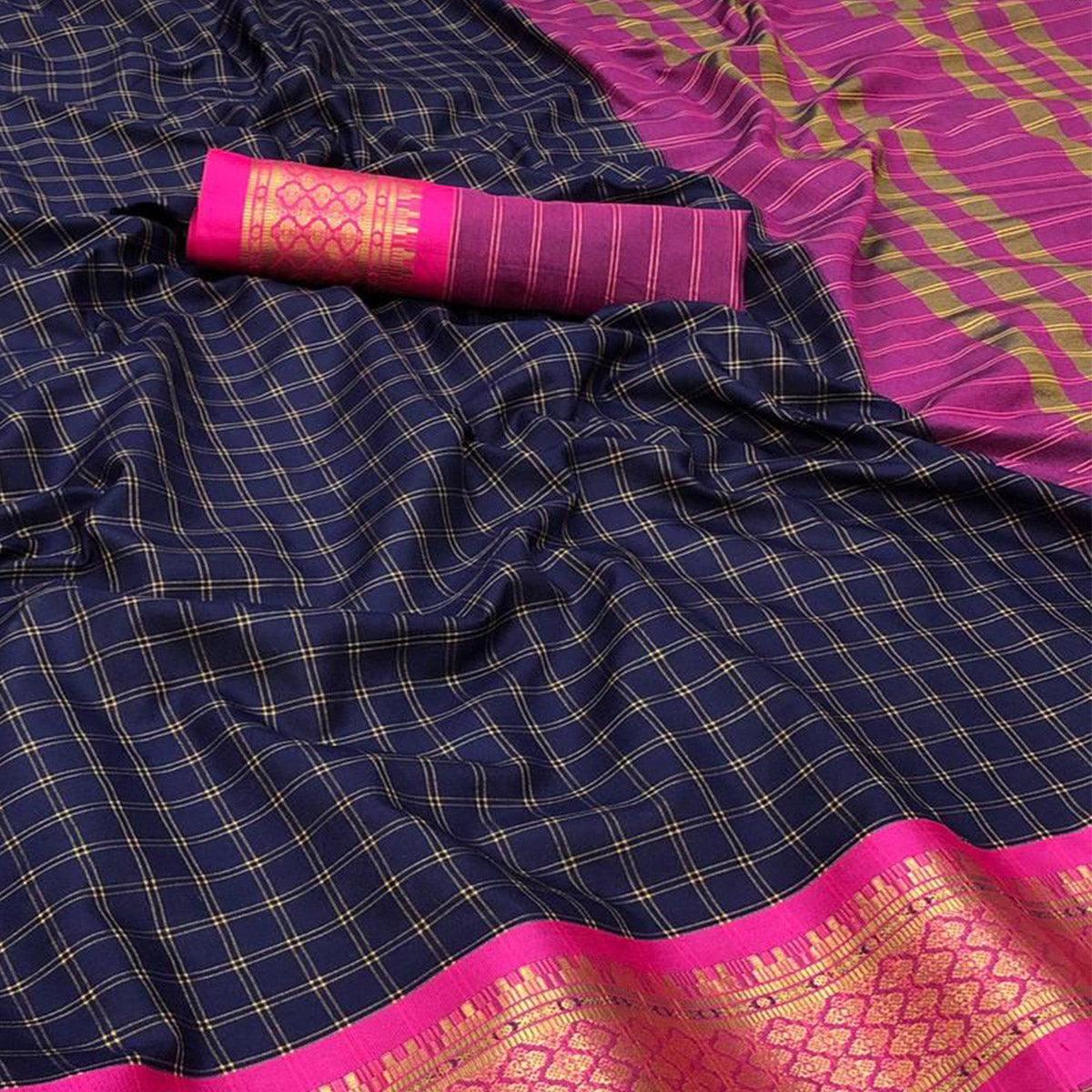 Navy Blue Festive Wear Checks With Woven Border Cotton Silk Saree - Peachmode