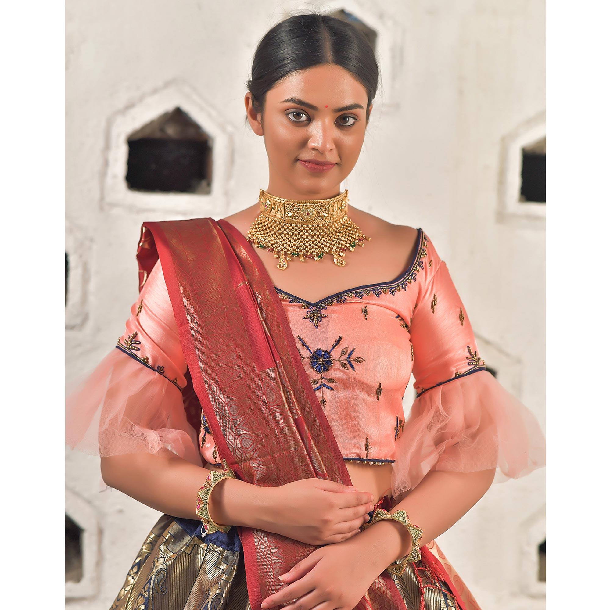 Navy Blue Festive Wear Cutdana With Resham & Zardosi Work Banarasi Art Silk Lehenga Choli - Peachmode