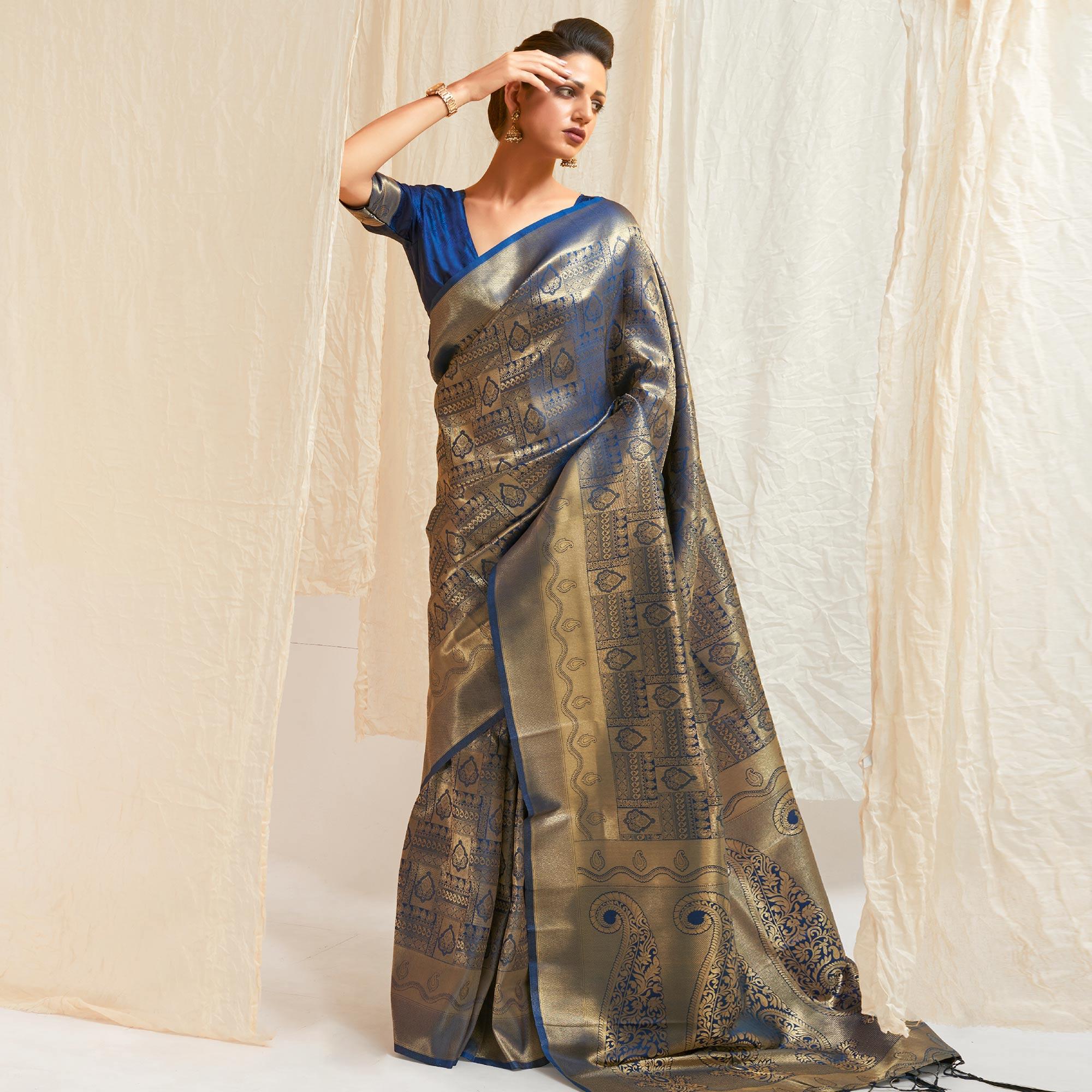 Navy Blue Festive Wear Designer Woven Silk Saree - Peachmode