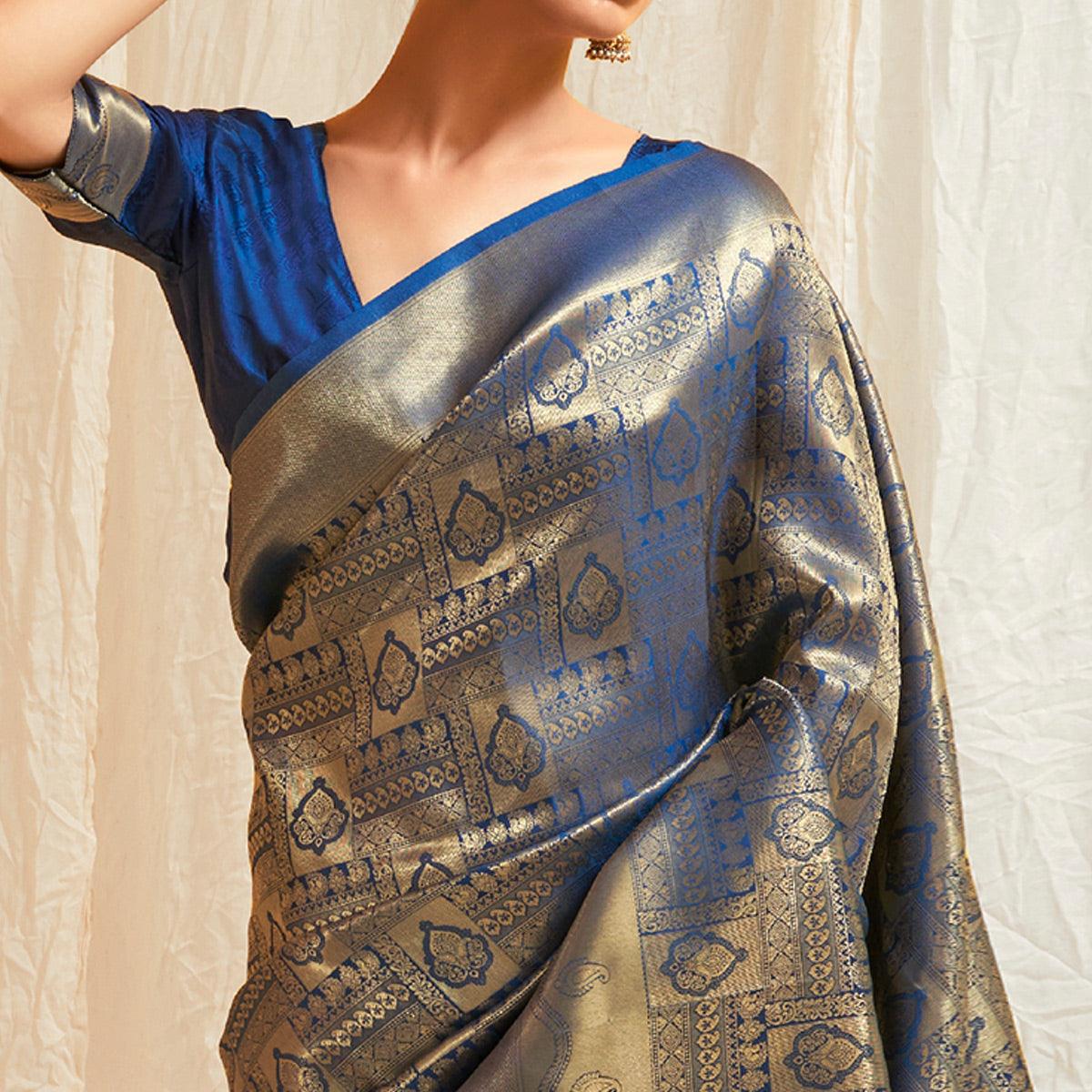 Navy Blue Festive Wear Designer Woven Silk Saree - Peachmode