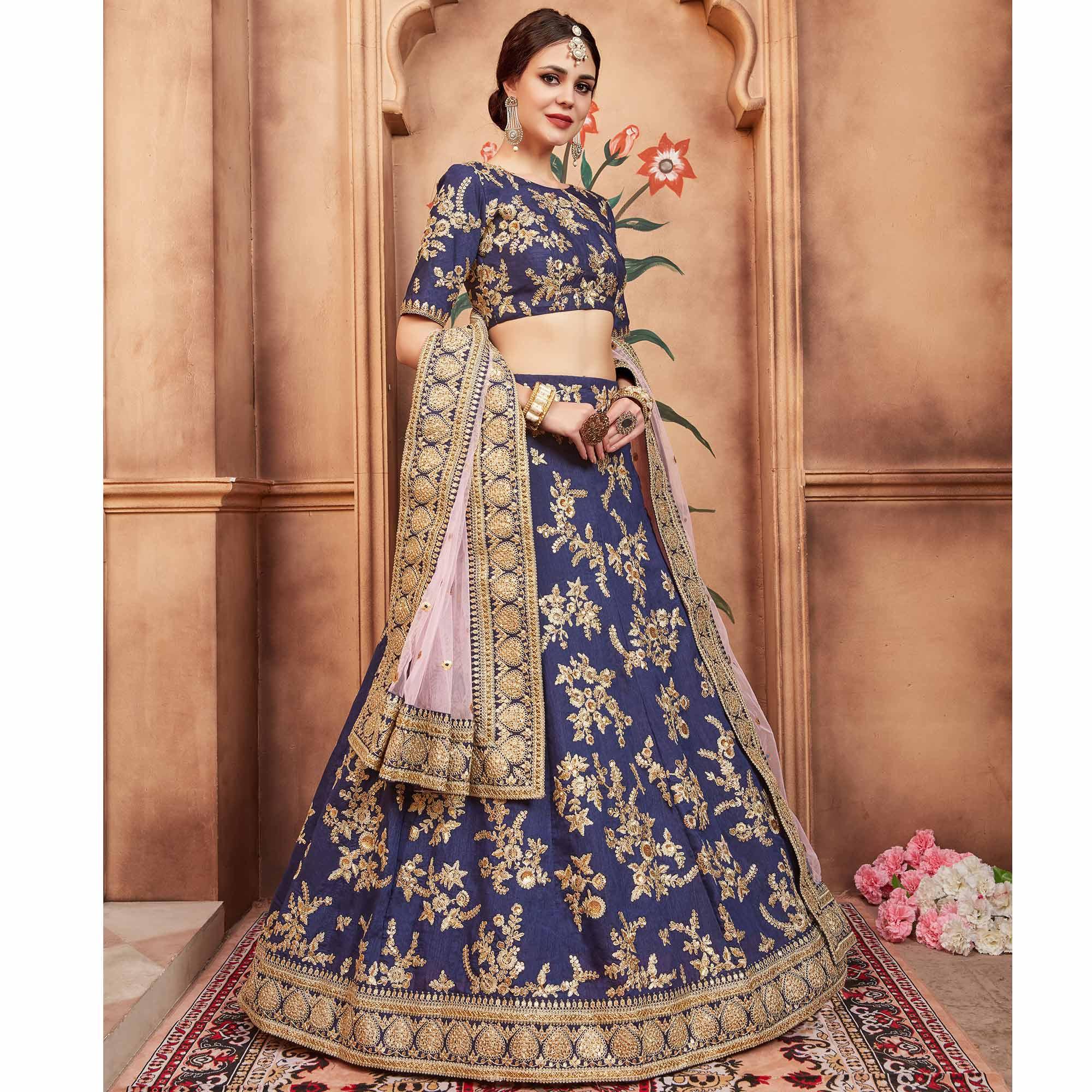 Navy Blue Festive Wear Dori Sequence Work Art Silk Lehenga Choli - Peachmode