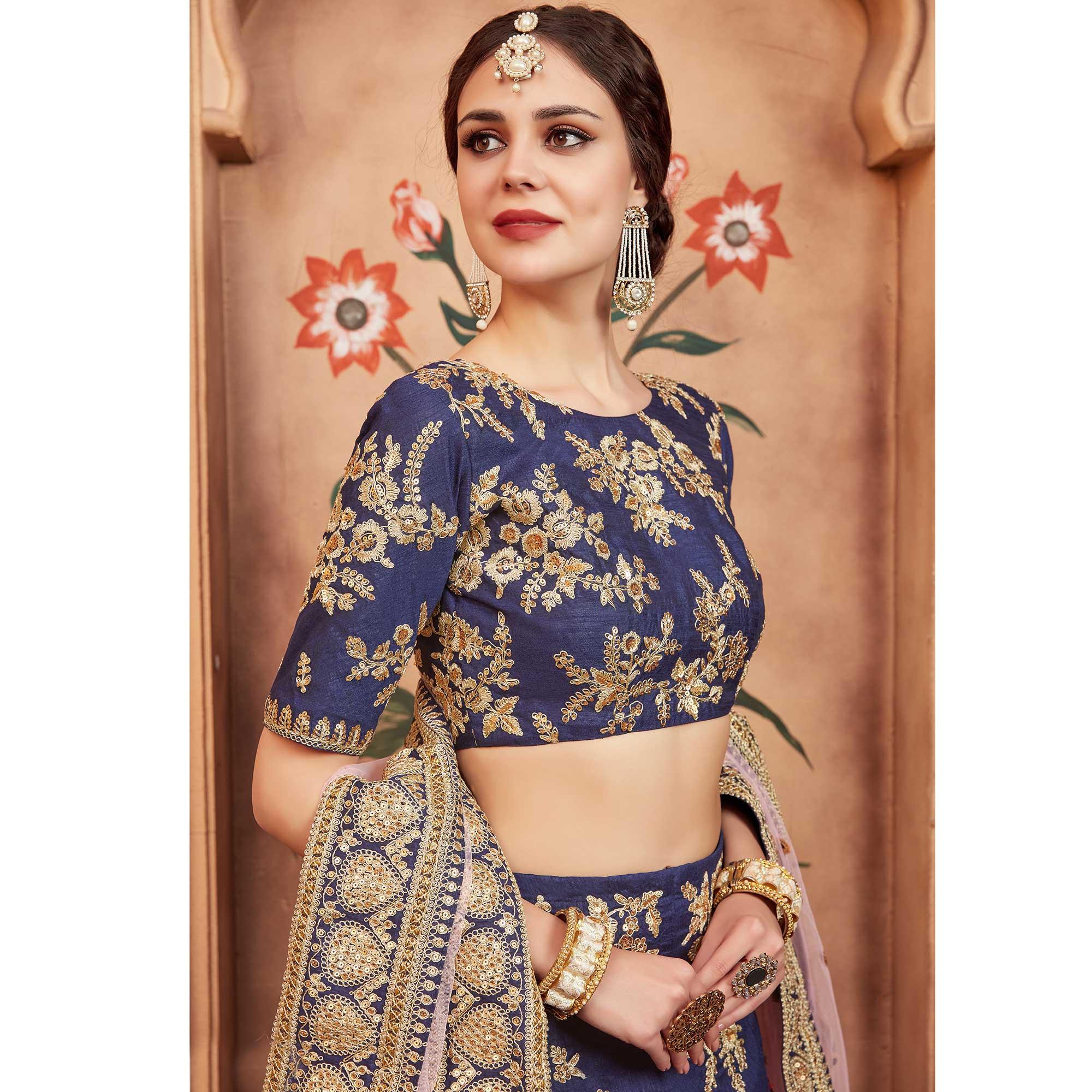 Navy Blue Festive Wear Dori Sequence Work Art Silk Lehenga Choli - Peachmode