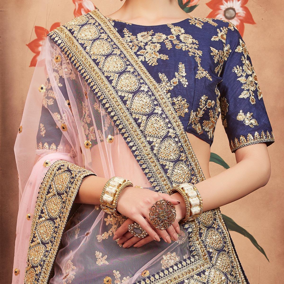 Navy Blue Festive Wear Dori Sequence Work Art Silk Lehenga Choli - Peachmode