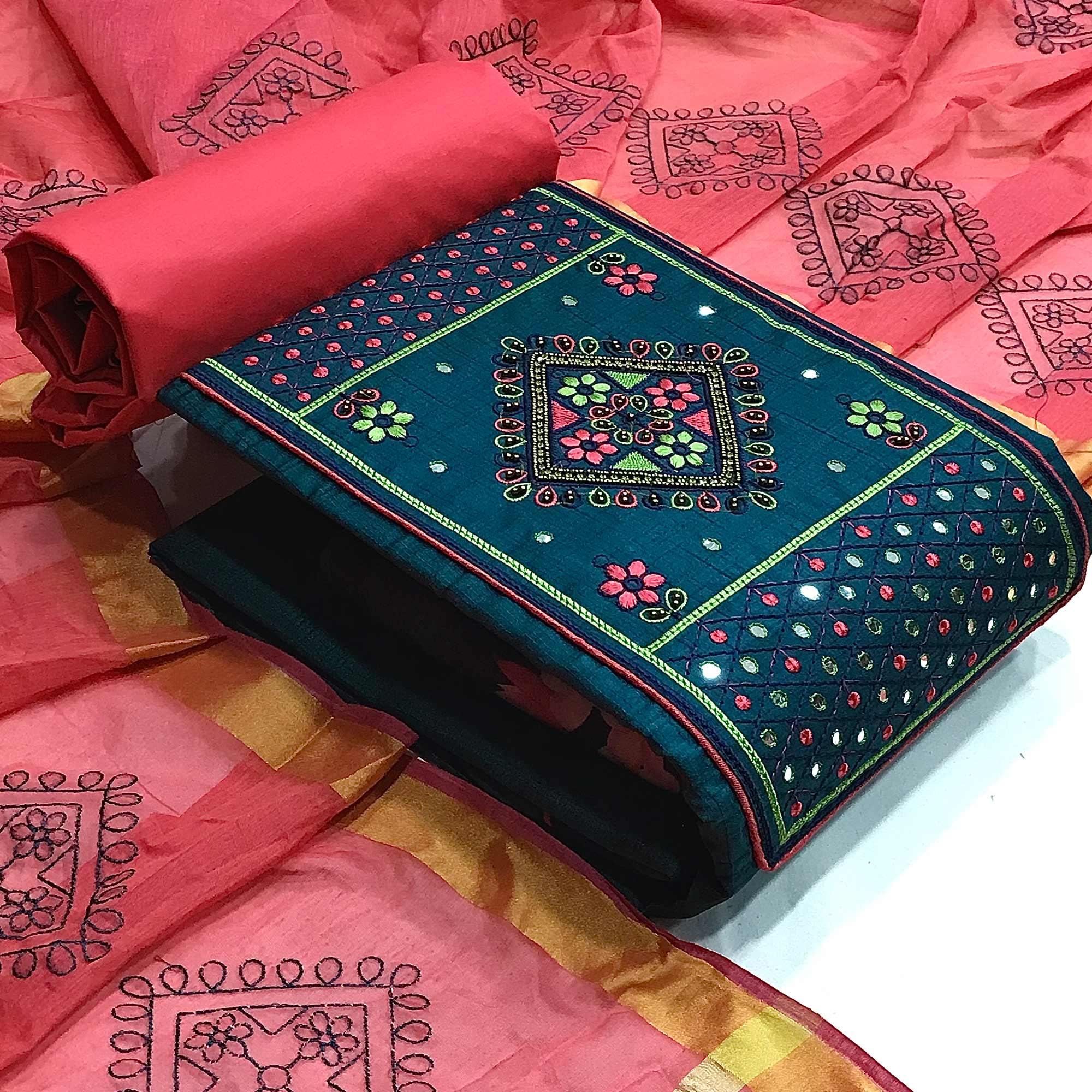 Navy Blue Festive Wear Embroidered & Embellished Cotton Dress Material - Peachmode