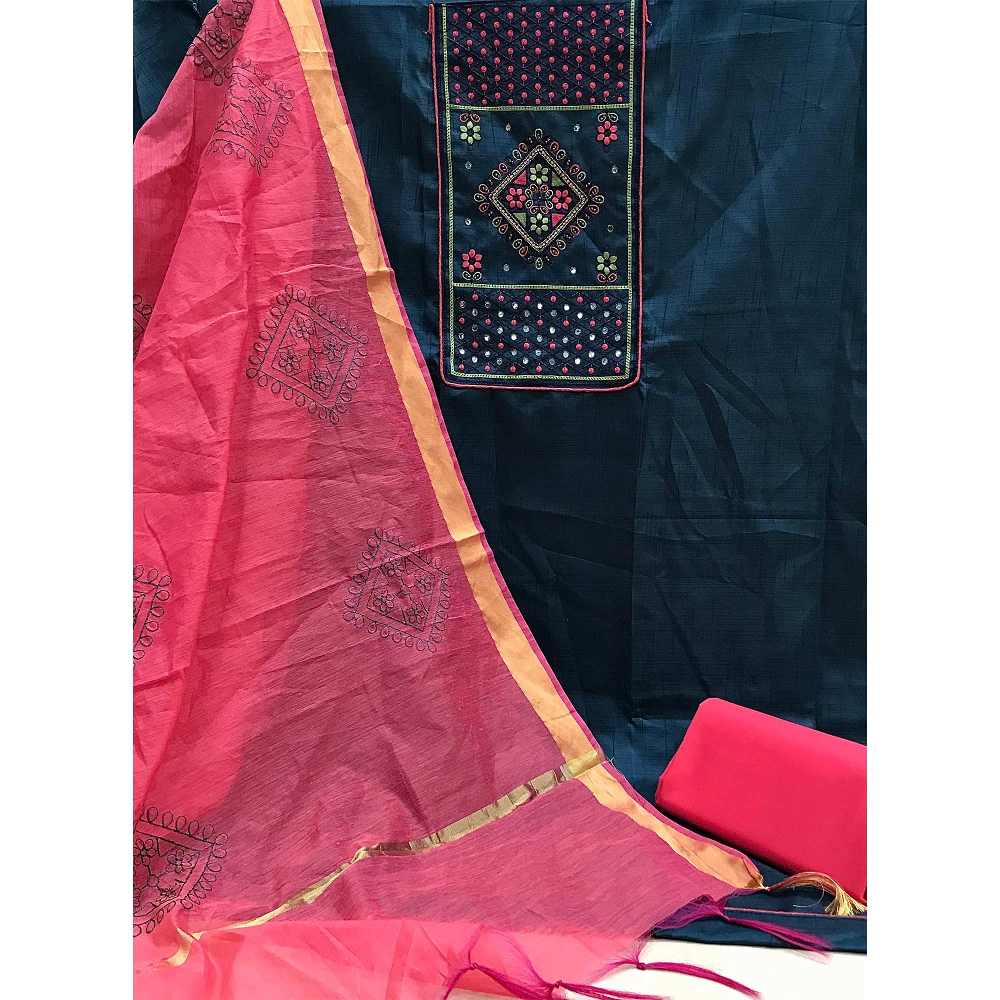 Navy Blue Festive Wear Embroidered & Embellished Cotton Dress Material - Peachmode