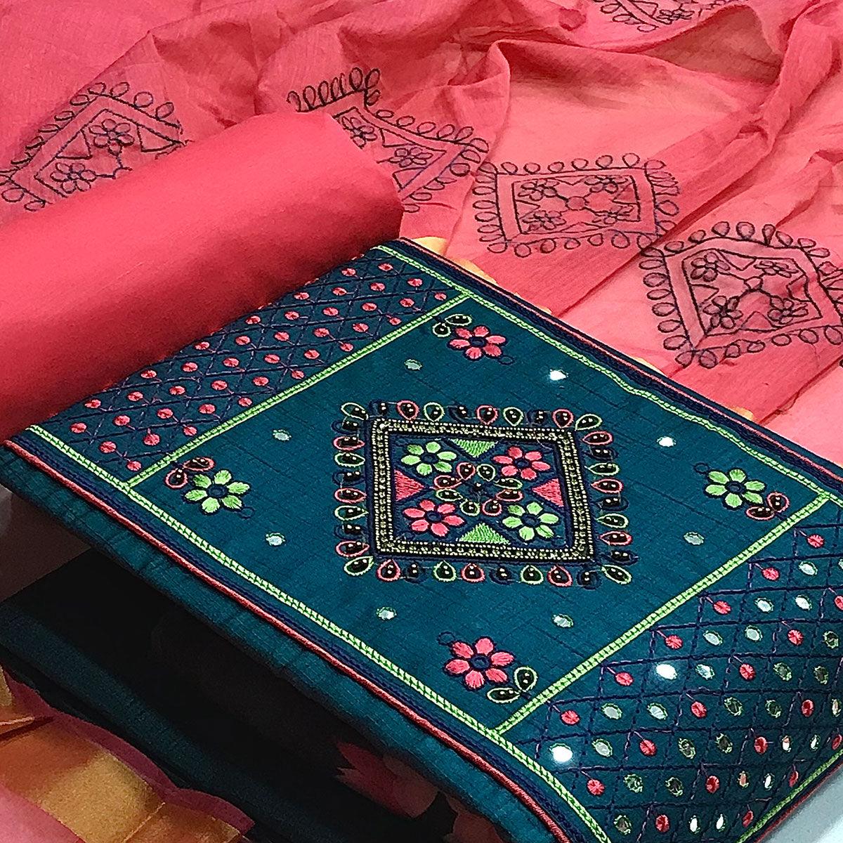 Navy Blue Festive Wear Embroidered & Embellished Cotton Dress Material - Peachmode