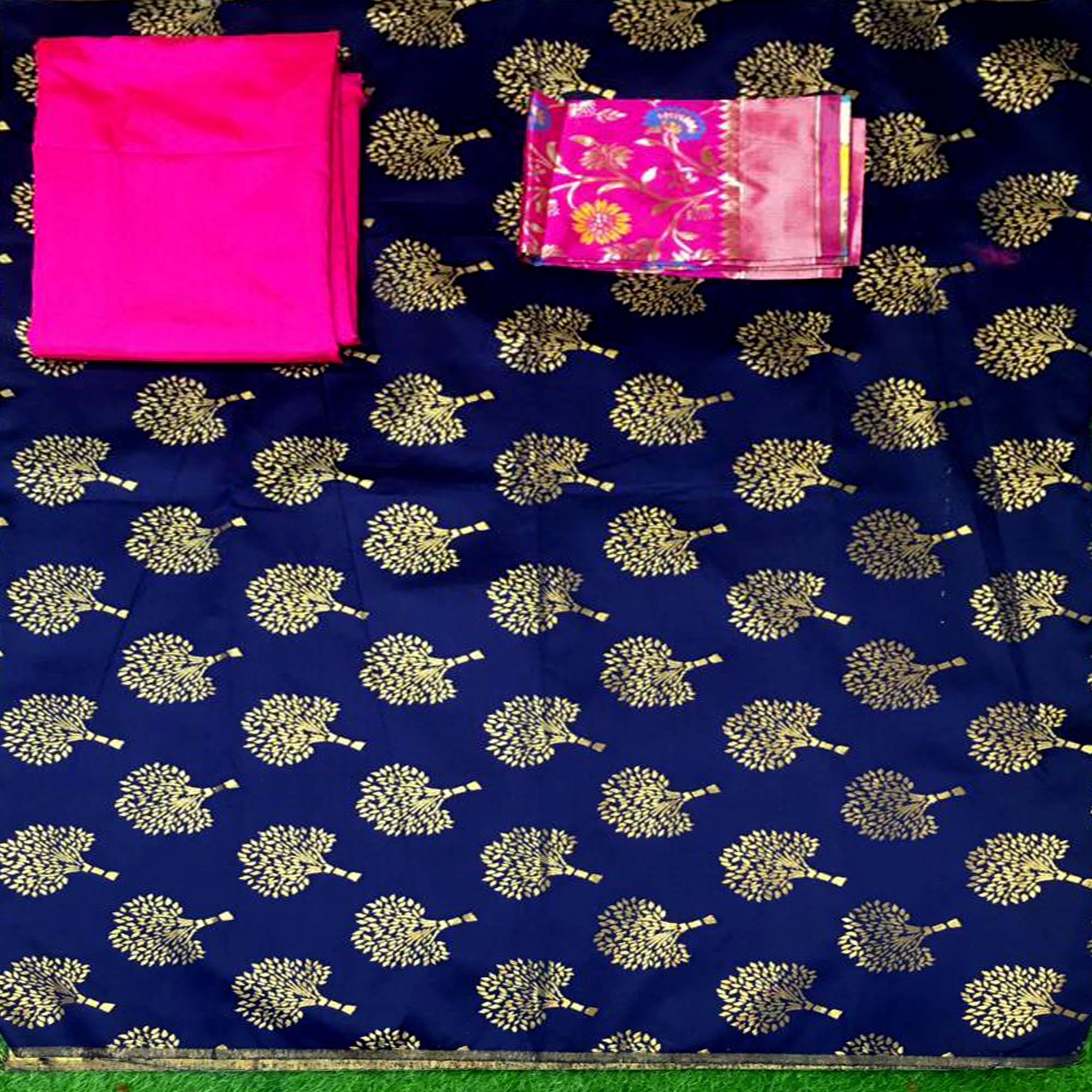Navy Blue Festive Wear Embroidered Banarasi Silk Dress Material - Peachmode