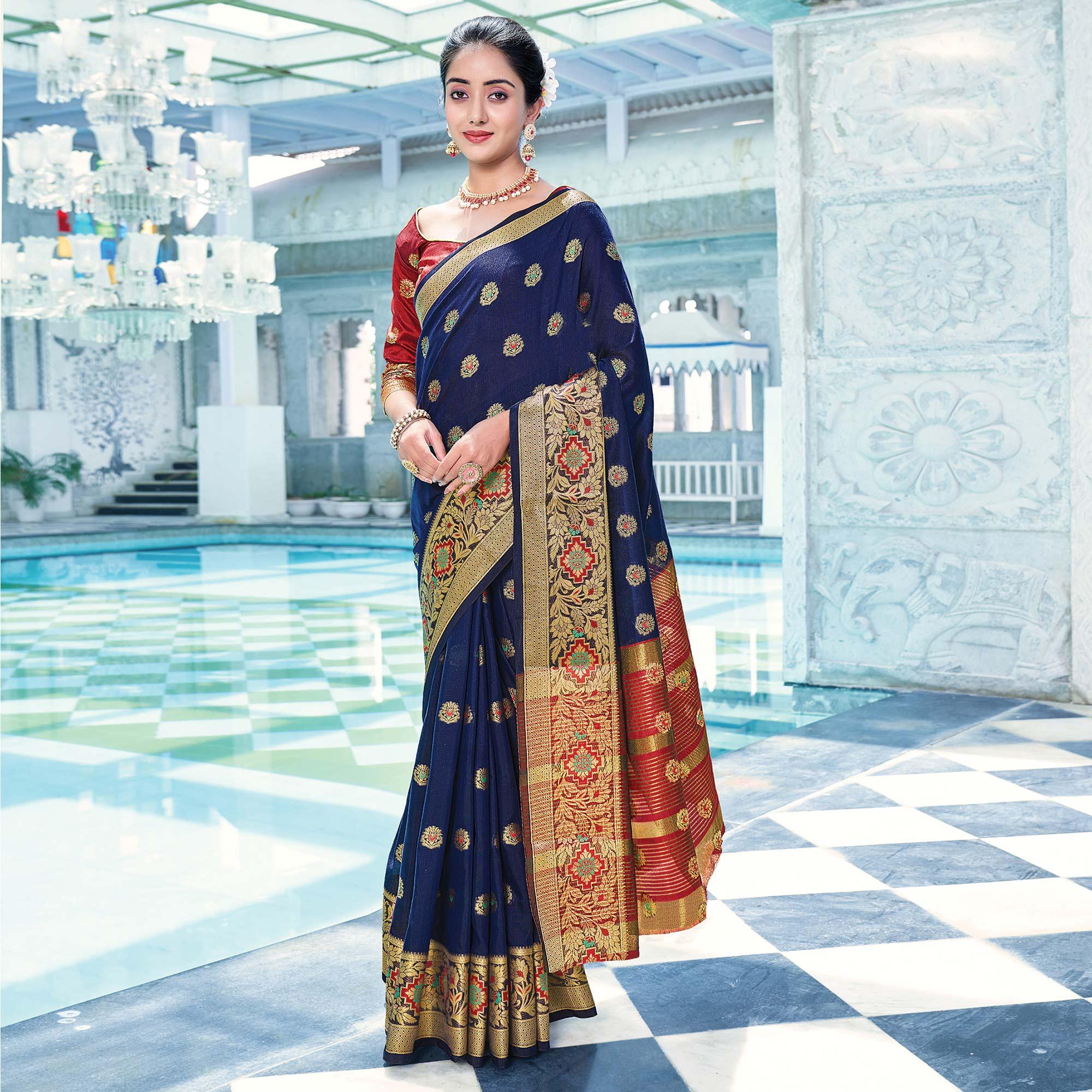 Navy Blue Festive Wear Embroidered Cotton Saree - Peachmode