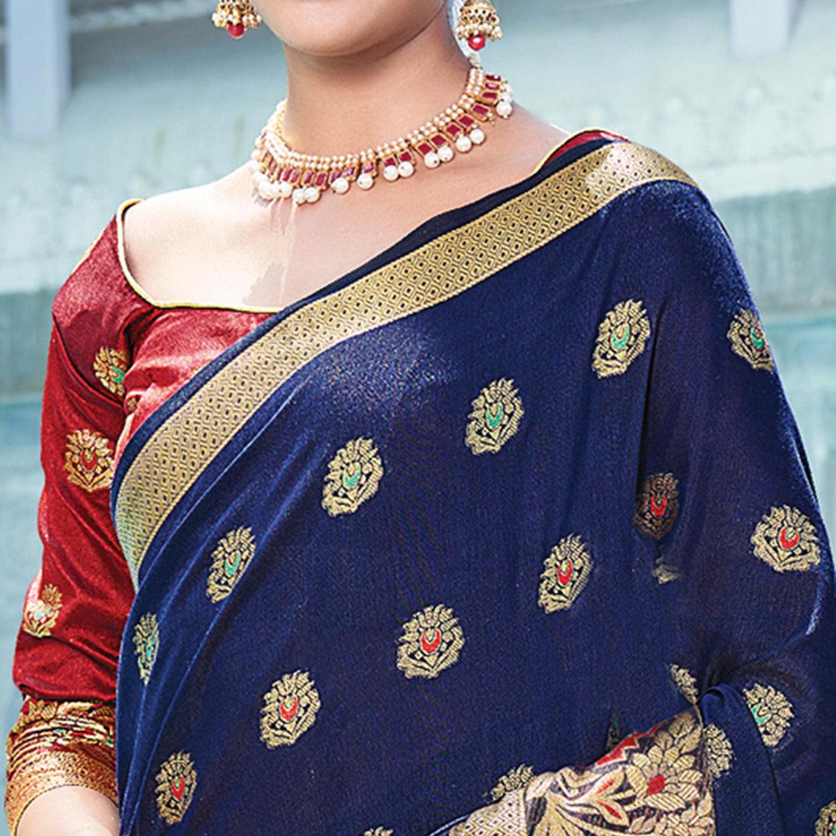 Navy Blue Festive Wear Embroidered Cotton Saree - Peachmode