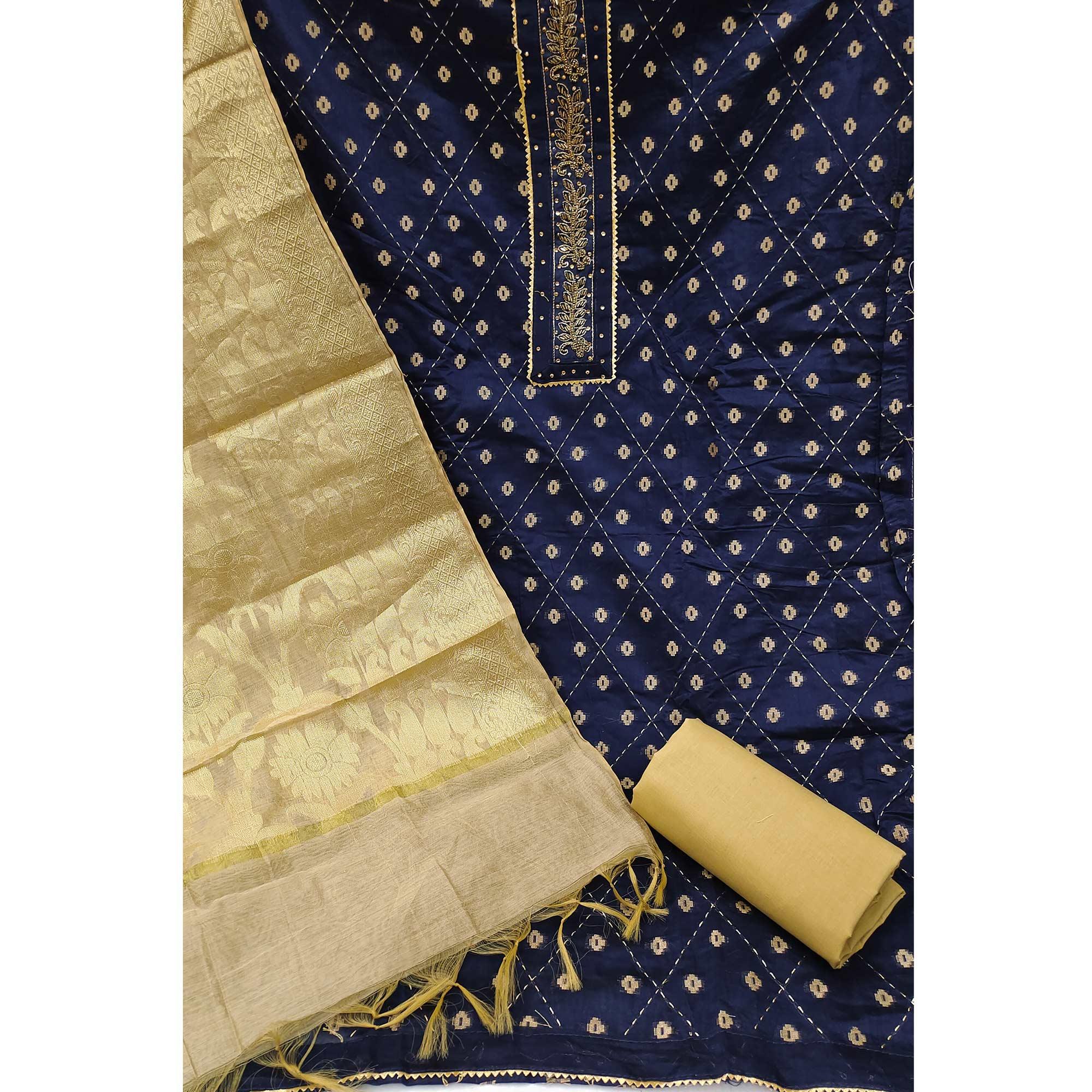 Navy Blue Festive Wear Embroidery With Embellished Chanderi Dress Material - Peachmode