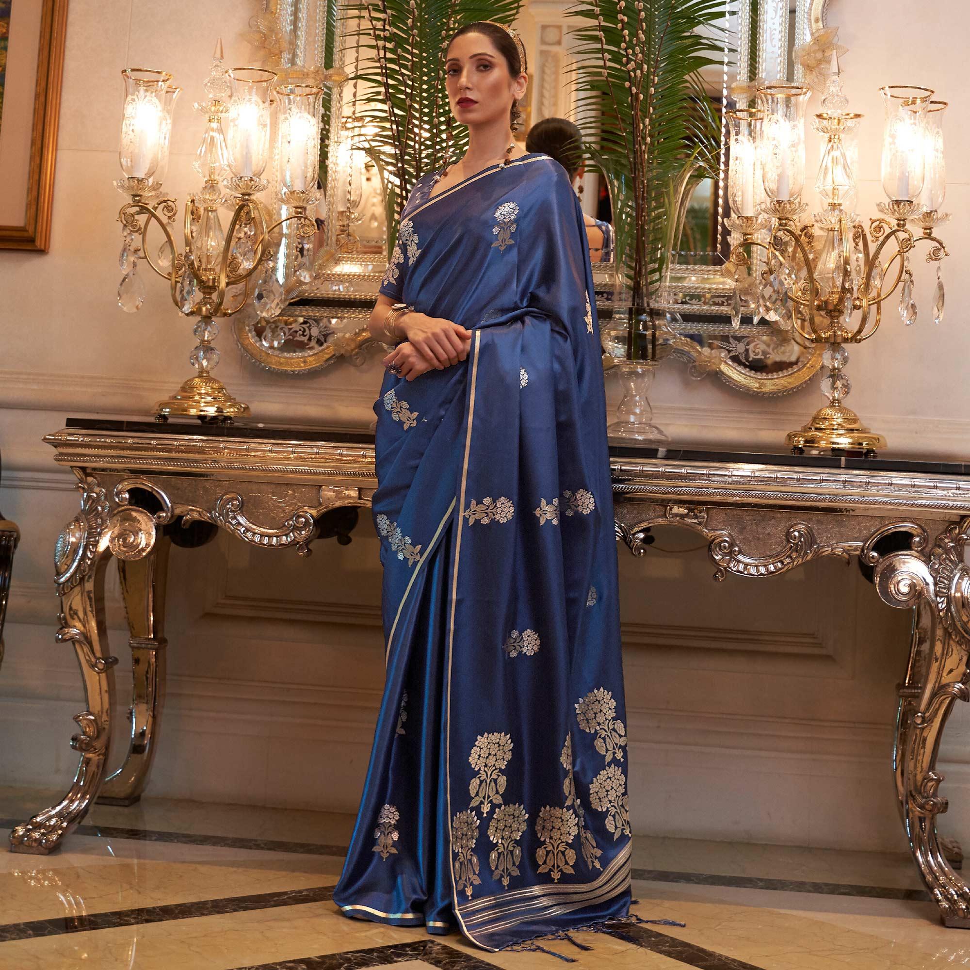 Navy Blue Festive Wear Floral Designer Woven Pure Satin Silk Saree - Peachmode