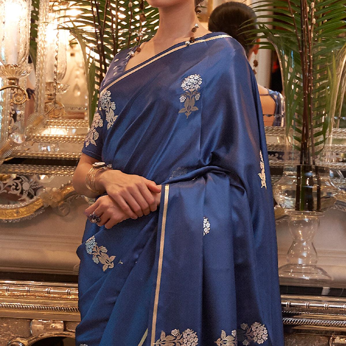 Navy Blue Festive Wear Floral Designer Woven Pure Satin Silk Saree - Peachmode