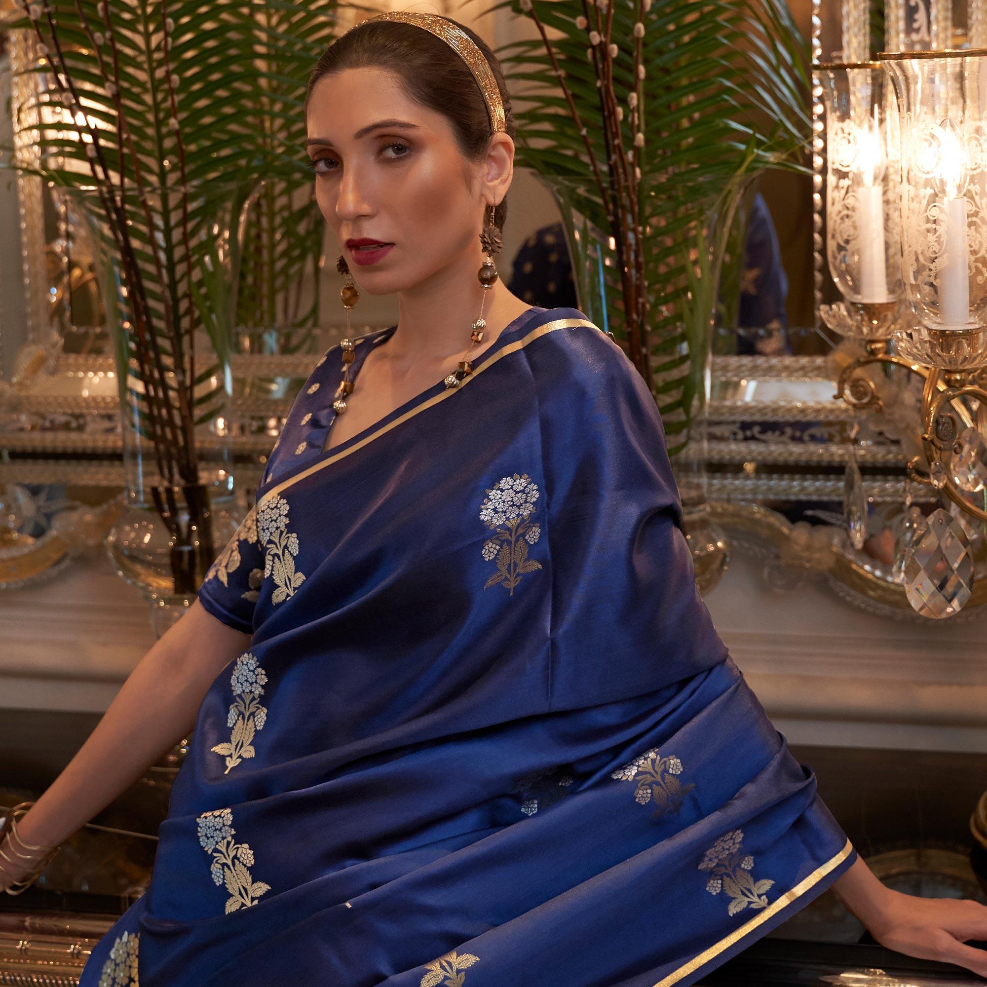 Navy Blue Festive Wear Floral Designer Woven Pure Satin Silk Saree - Peachmode