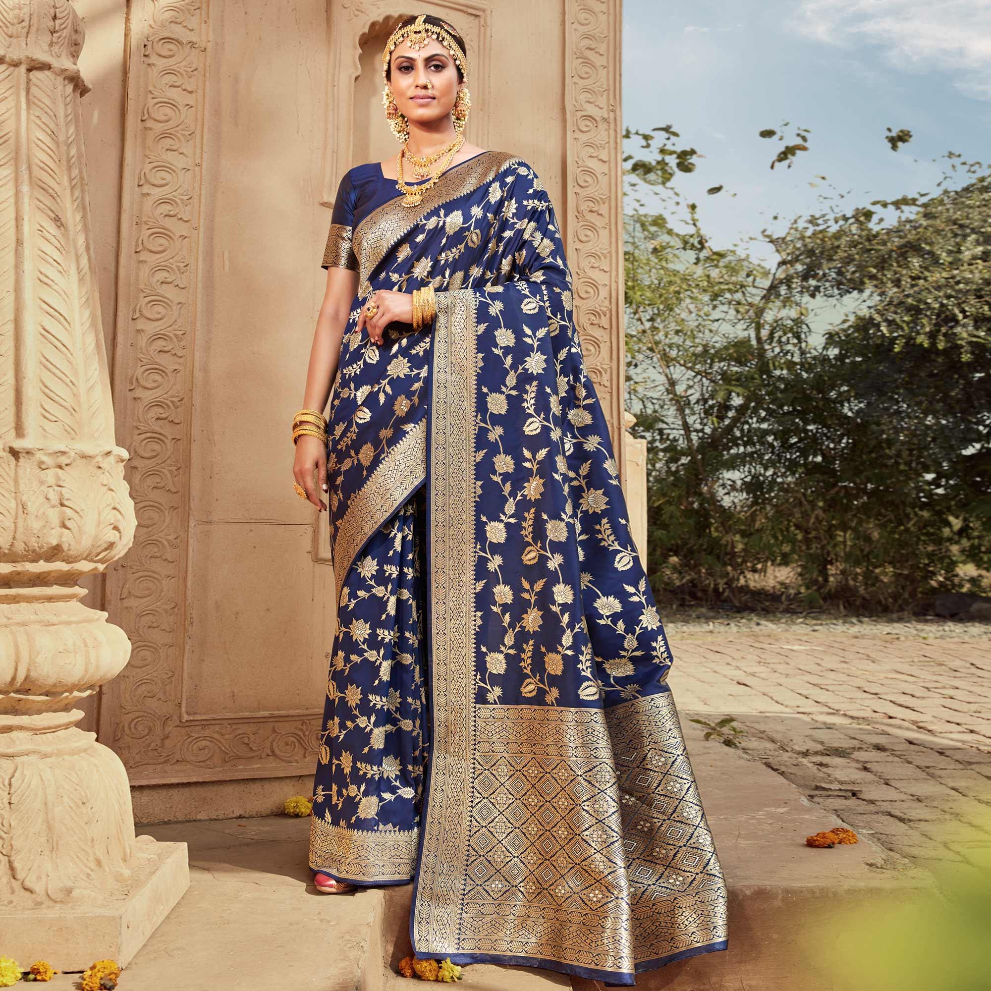 Navy Blue Festive Wear Floral Woven Banarasi Silk Saree - Peachmode