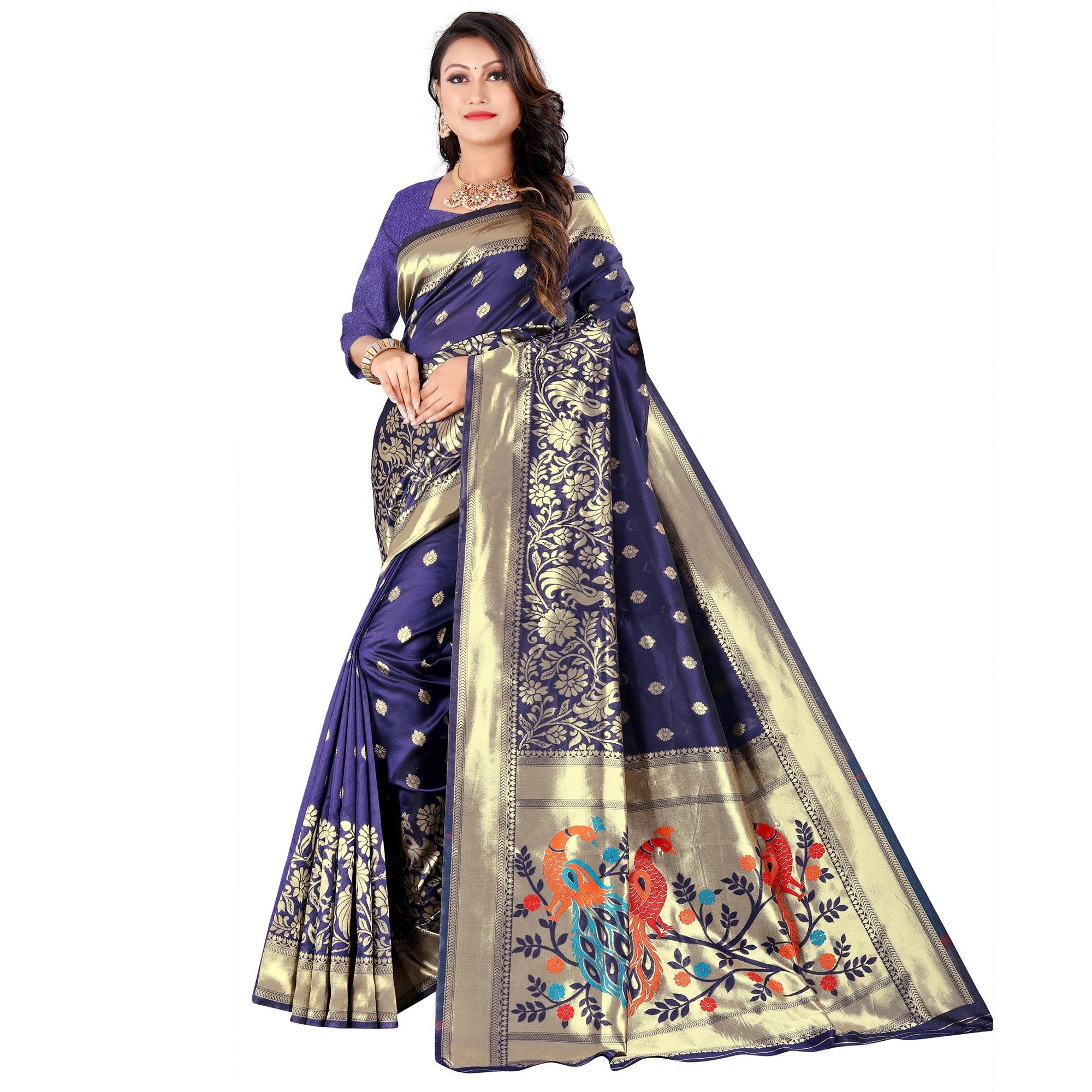 Navy Blue Festive Wear Floral Woven Banarasi Silk Saree - Peachmode