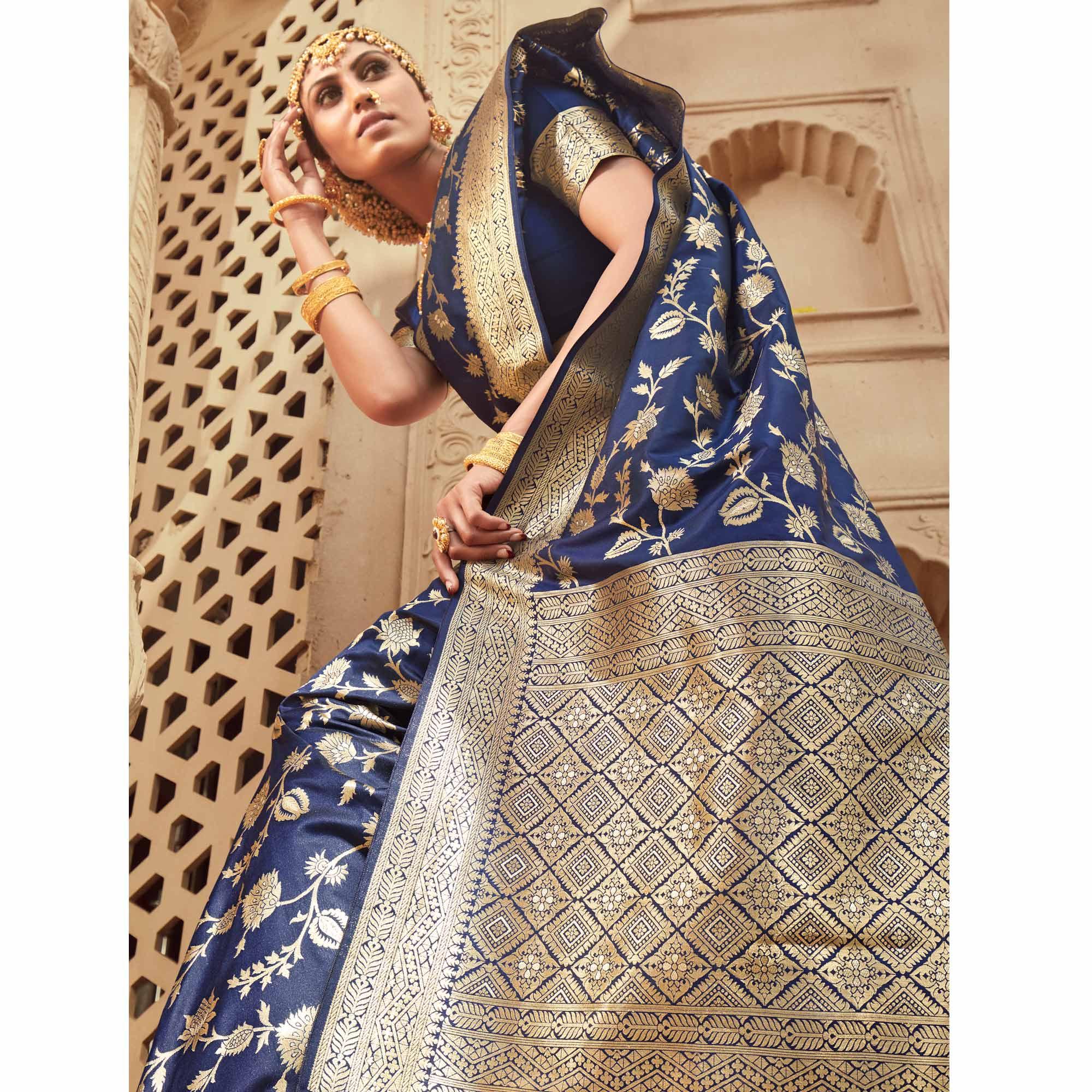 Navy Blue Festive Wear Floral Woven Banarasi Silk Saree - Peachmode