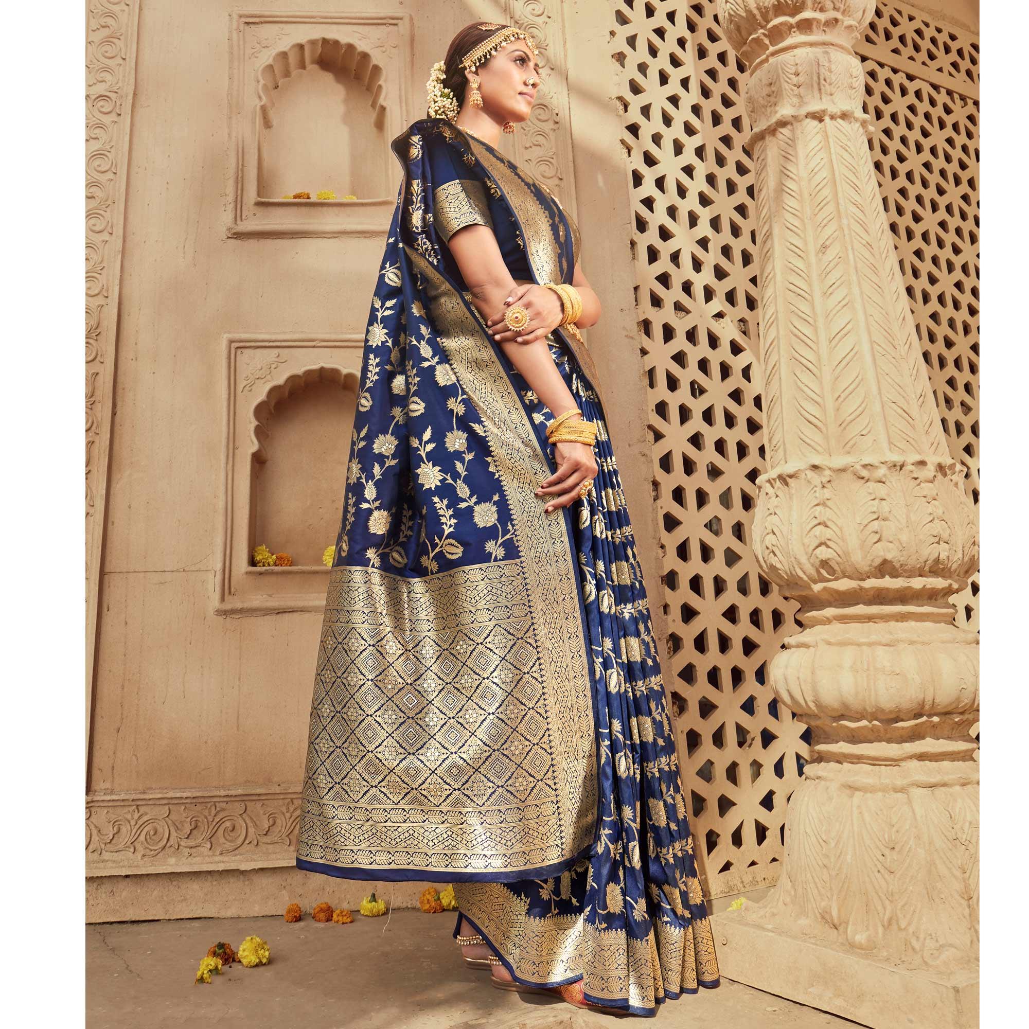 Navy Blue Festive Wear Floral Woven Banarasi Silk Saree - Peachmode