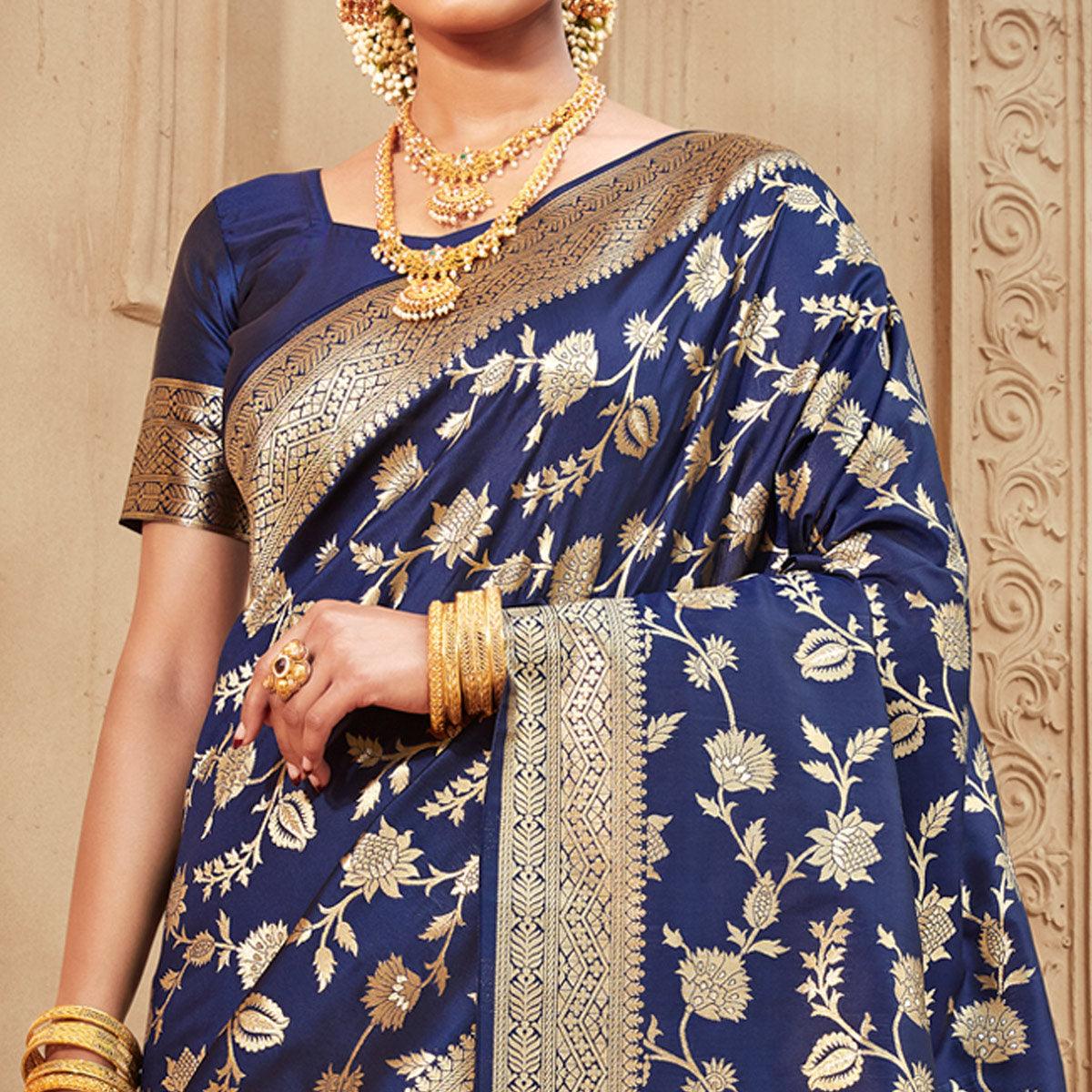 Navy Blue Festive Wear Floral Woven Banarasi Silk Saree - Peachmode
