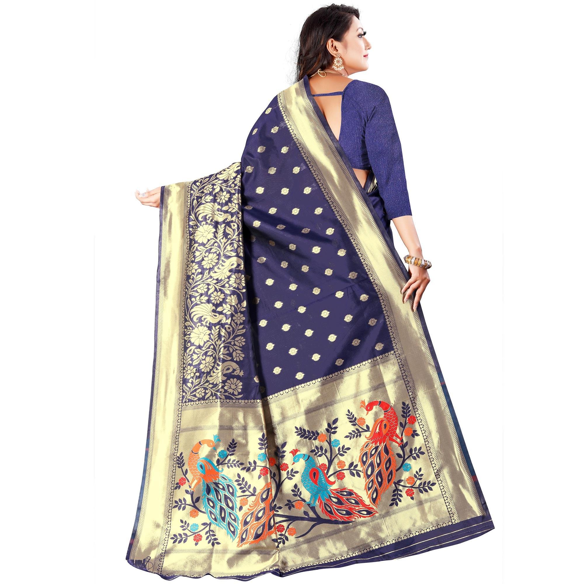 Navy Blue Festive Wear Floral Woven Banarasi Silk Saree - Peachmode