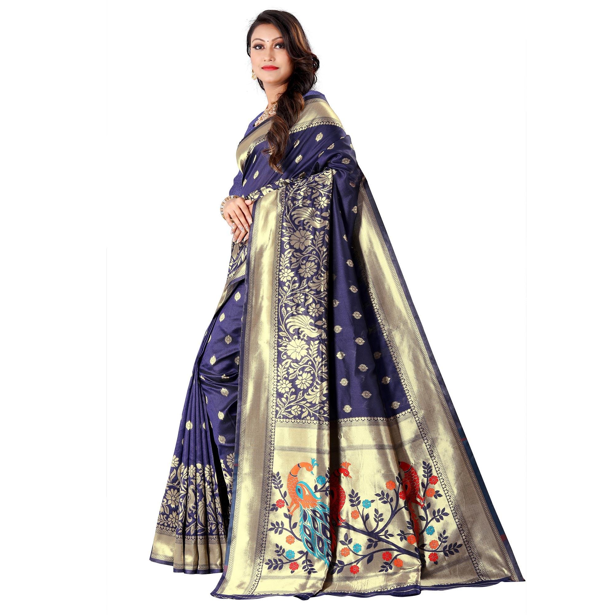 Navy Blue Festive Wear Floral Woven Banarasi Silk Saree - Peachmode