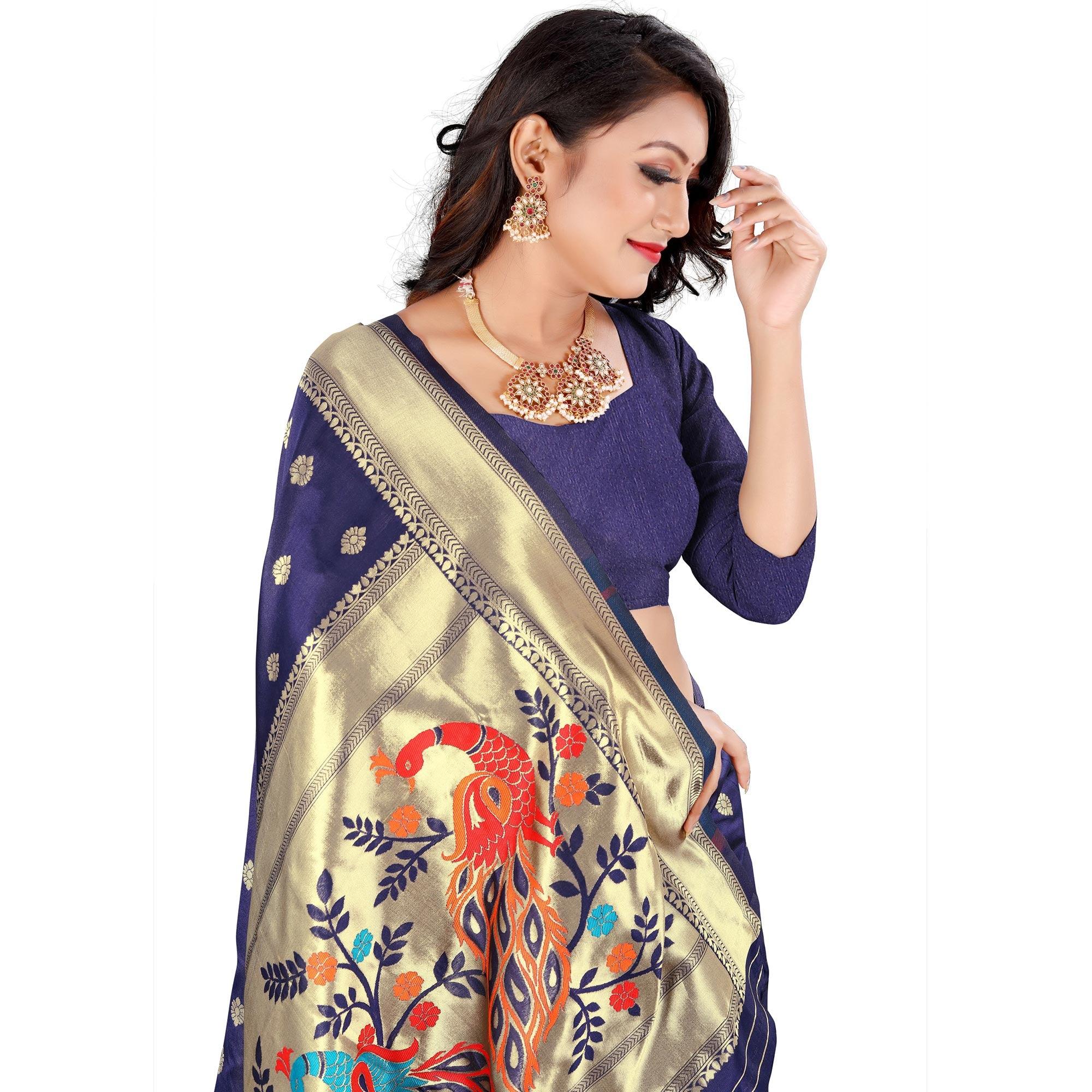 Navy Blue Festive Wear Floral Woven Banarasi Silk Saree - Peachmode