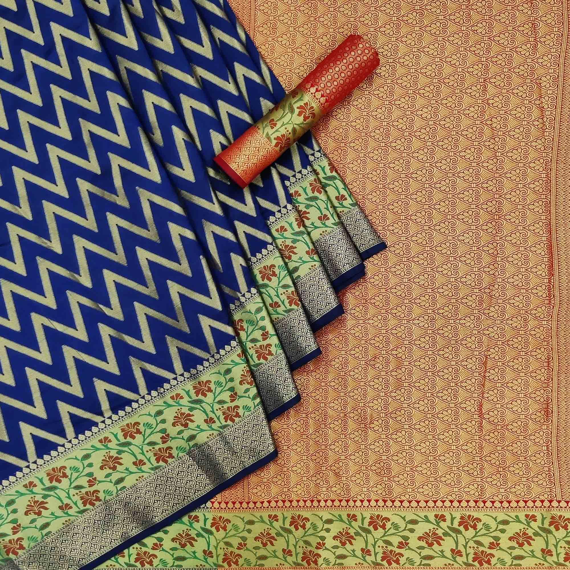 Navy Blue Festive Wear Floral Woven Silk Saree - Peachmode