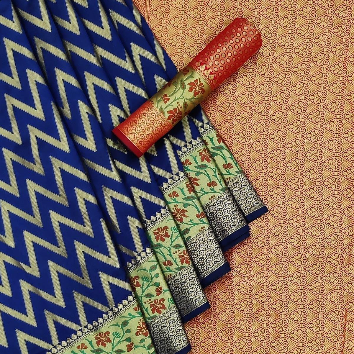 Navy Blue Festive Wear Floral Woven Silk Saree - Peachmode