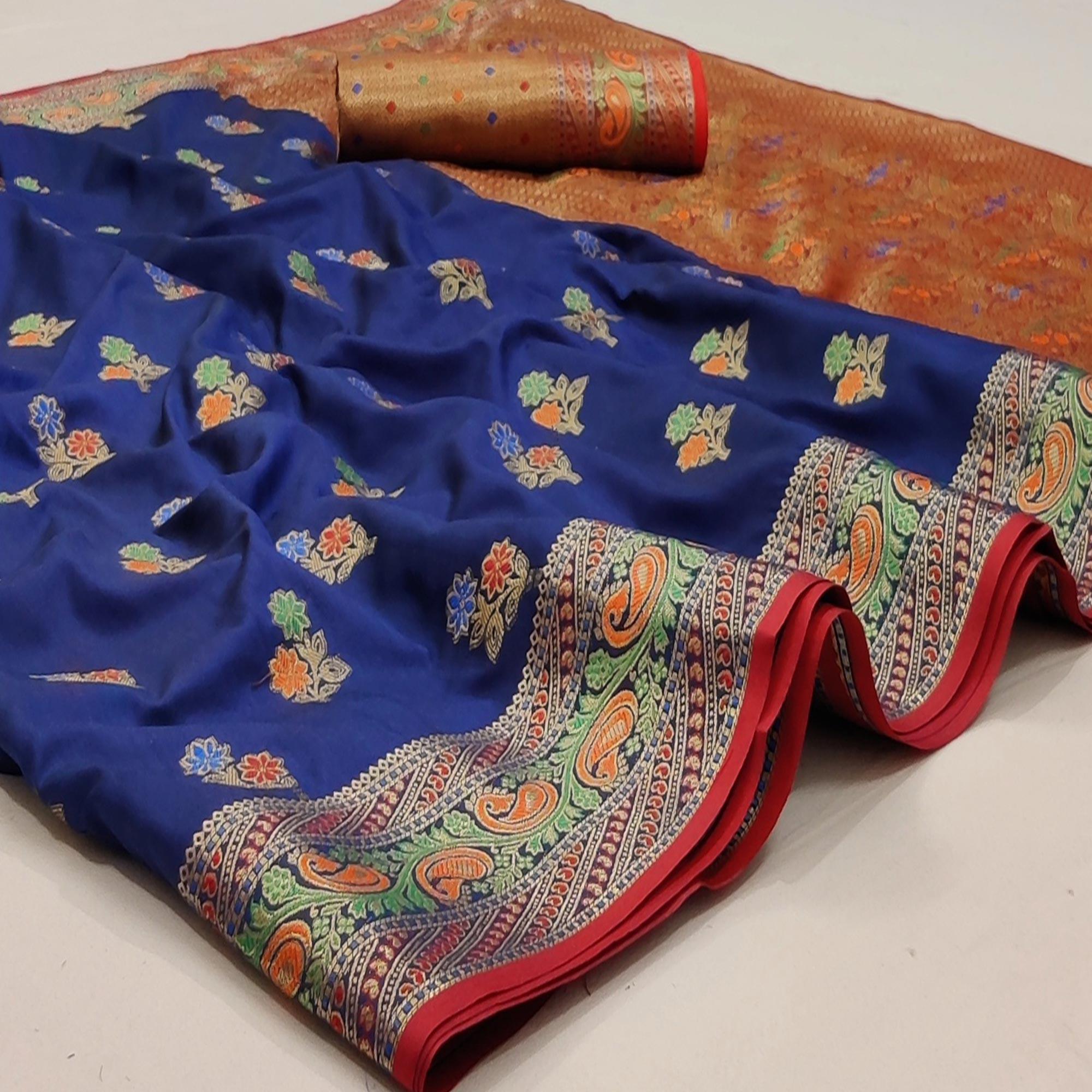 Navy Blue Festive Wear Floral Woven Soft Silk Saree With Jacquard Border - Peachmode